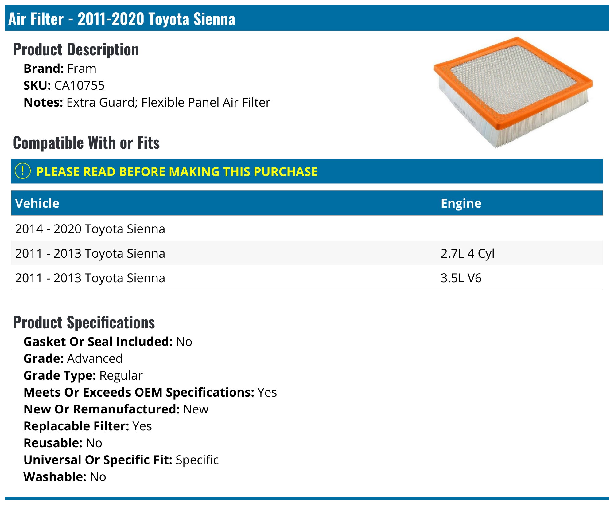 2011-2020 Toyota Sienna Air Filter - Fram CA10755 - PartsGeek.com