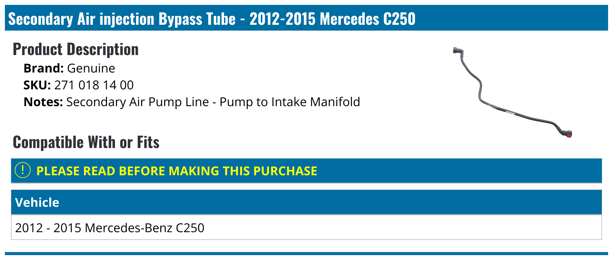 20122015 Mercedes C250 Secondary Air injection Bypass Tube Genuine
