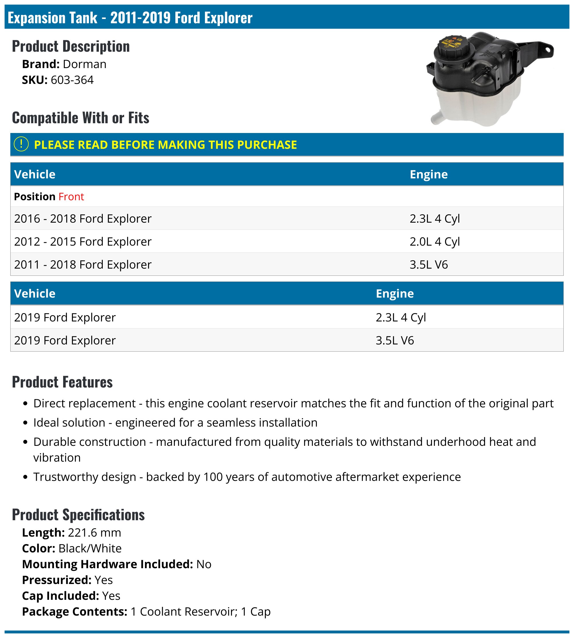 2011-2019 Ford Explorer Expansion Tank - Dorman 603-364 - Front ...