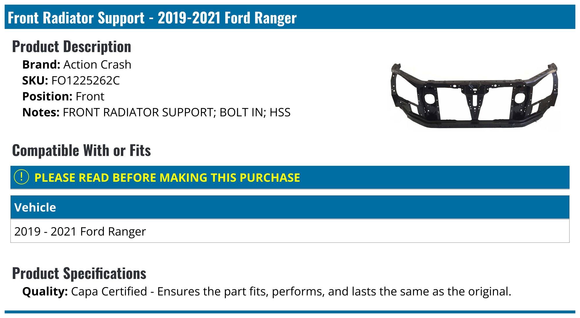 Ford Ranger Core Support 2019-2023 Ford Ranger Radiator Support - Action Crash FO1225262C ...