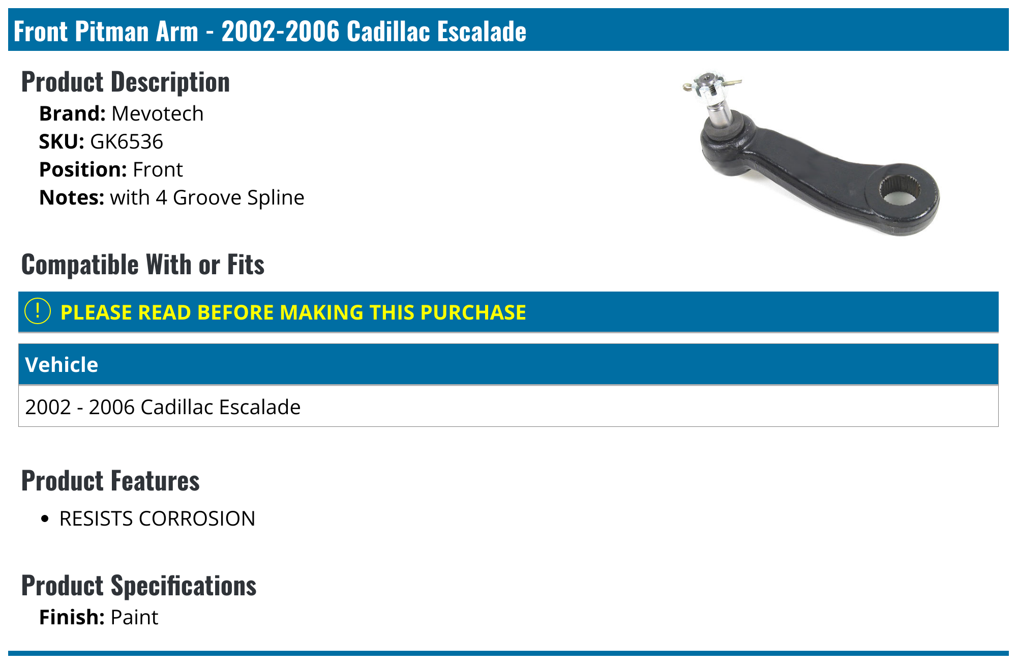 20022006 Cadillac Escalade Pitman Arm Mevotech GK6536 Front