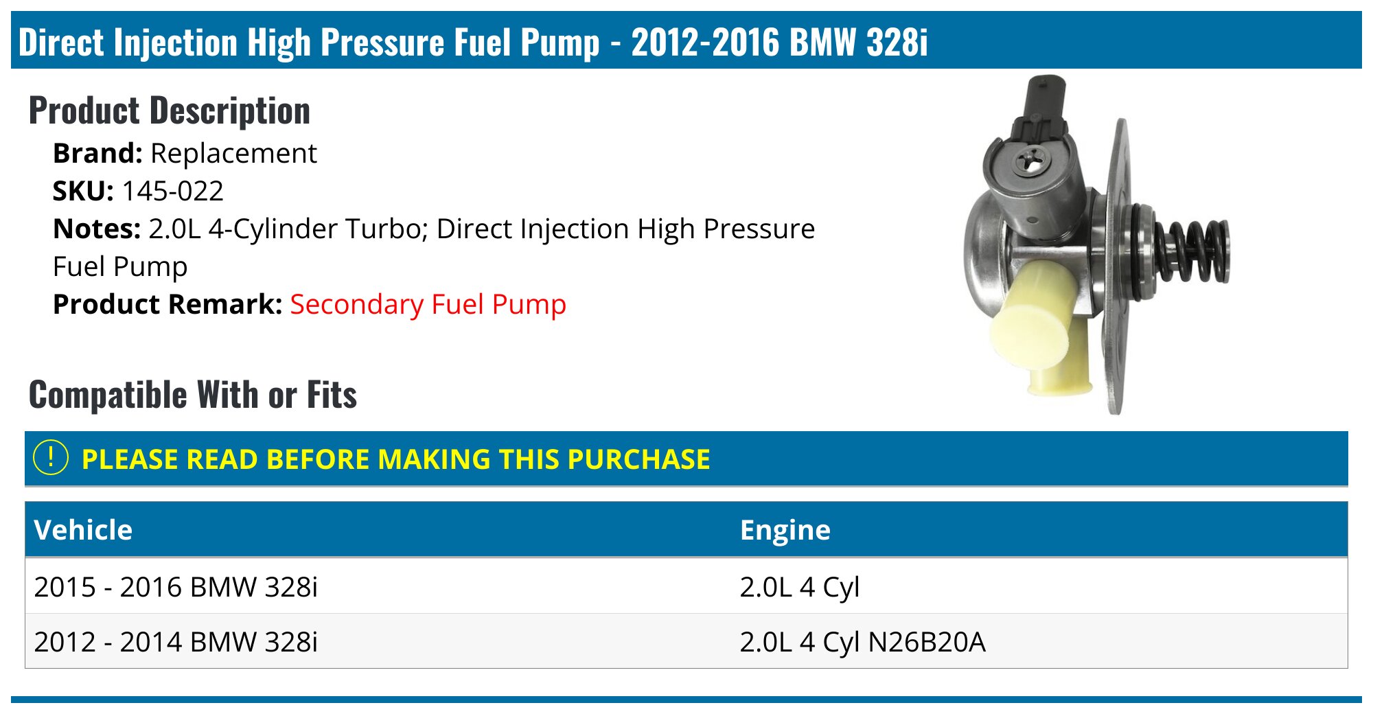 2012-2016 BMW 328i Fuel Pump - Replacement 145-022 - - PartsGeek.com