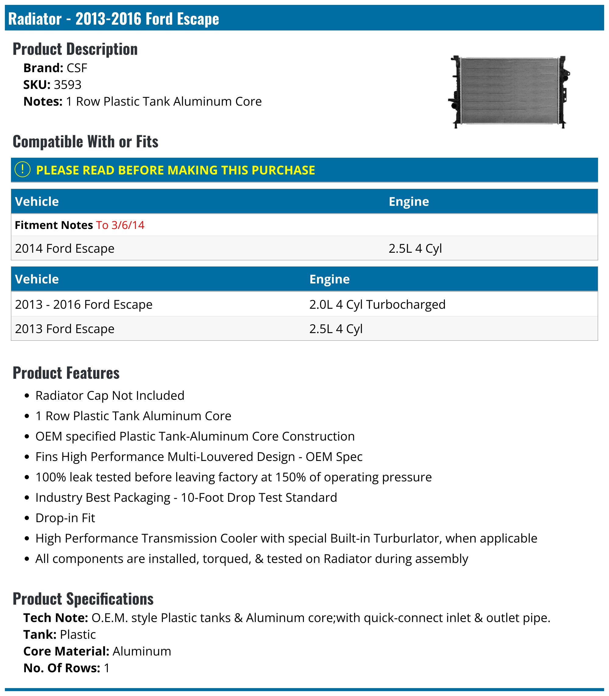 TopAlpha Upper Radiator Support Core For Ford Escape 2013-2019 (1.6L / 2.0L Turbo)