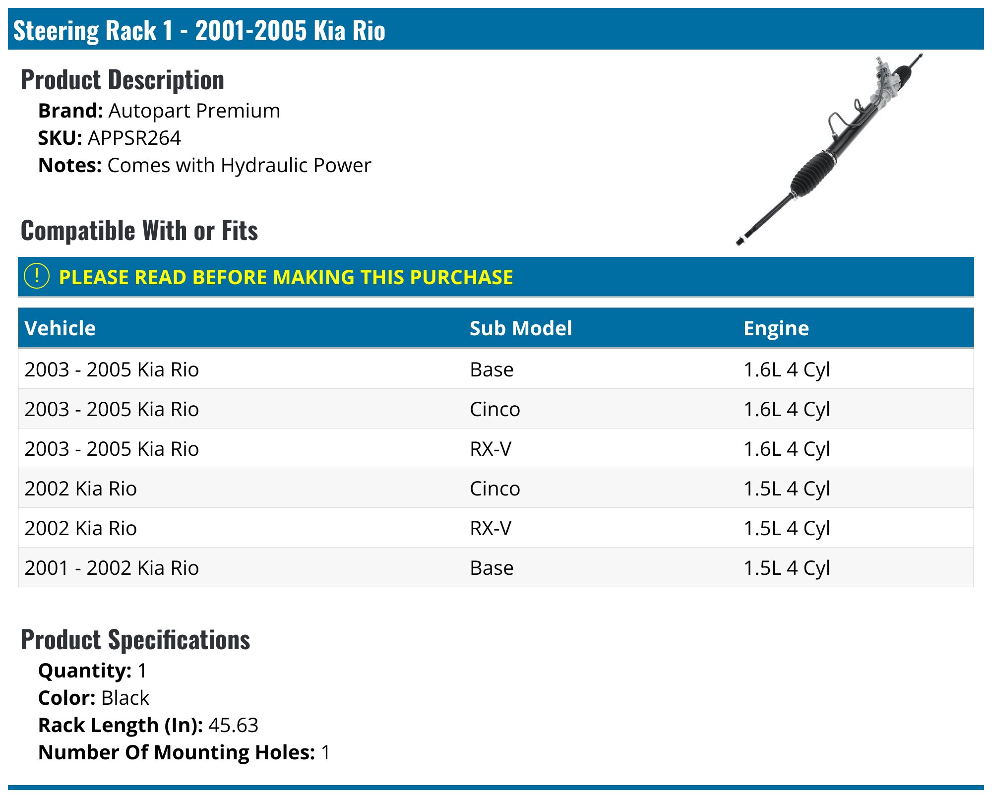 2001-2005 Kia Rio Steering Rack - Autopart Premium APPSR264 - PartsGeek.com