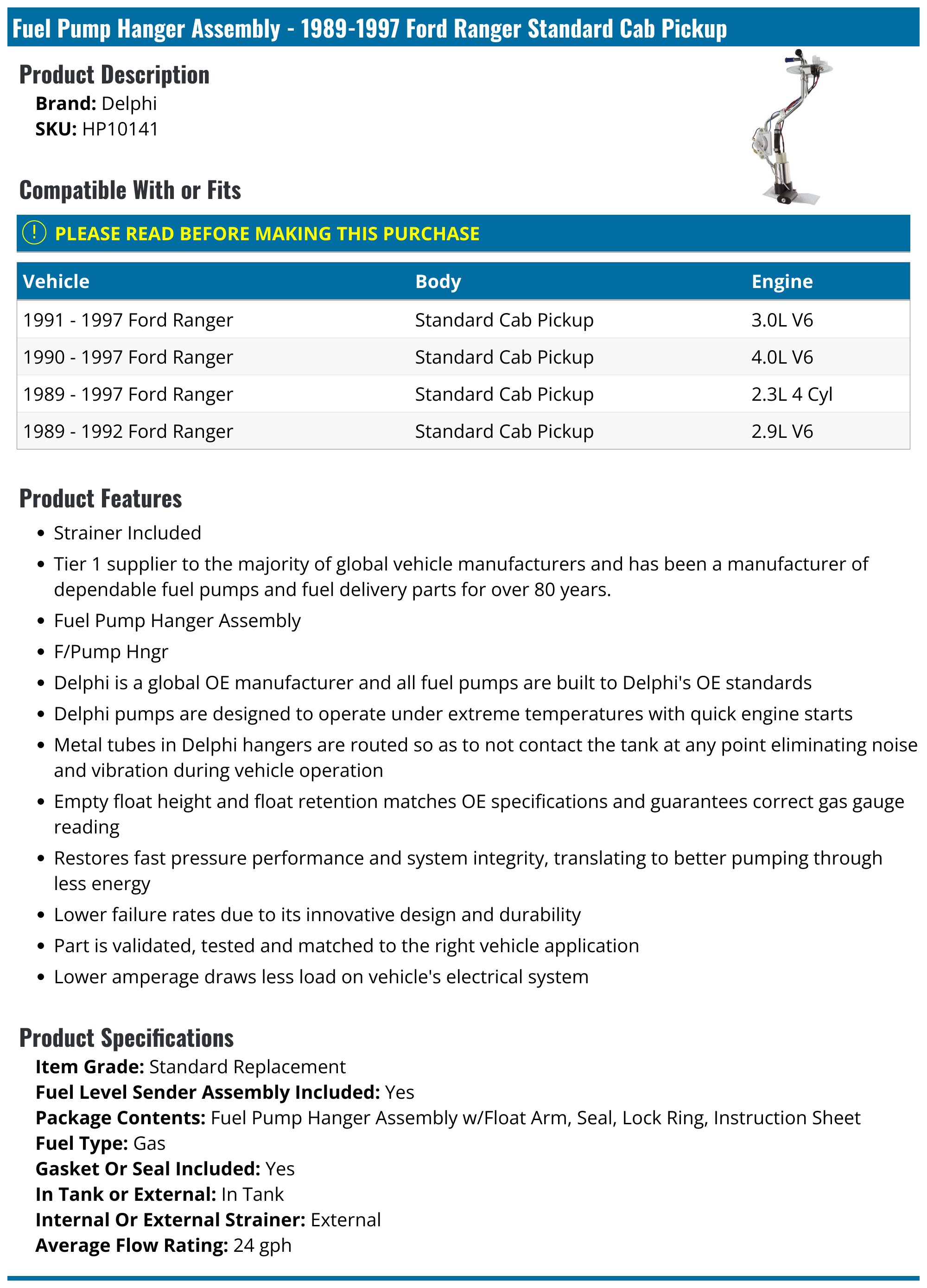 Delphi HP10041 Fuel Pump Hanger Assembly For 85-91 S10 S15 Sonoma