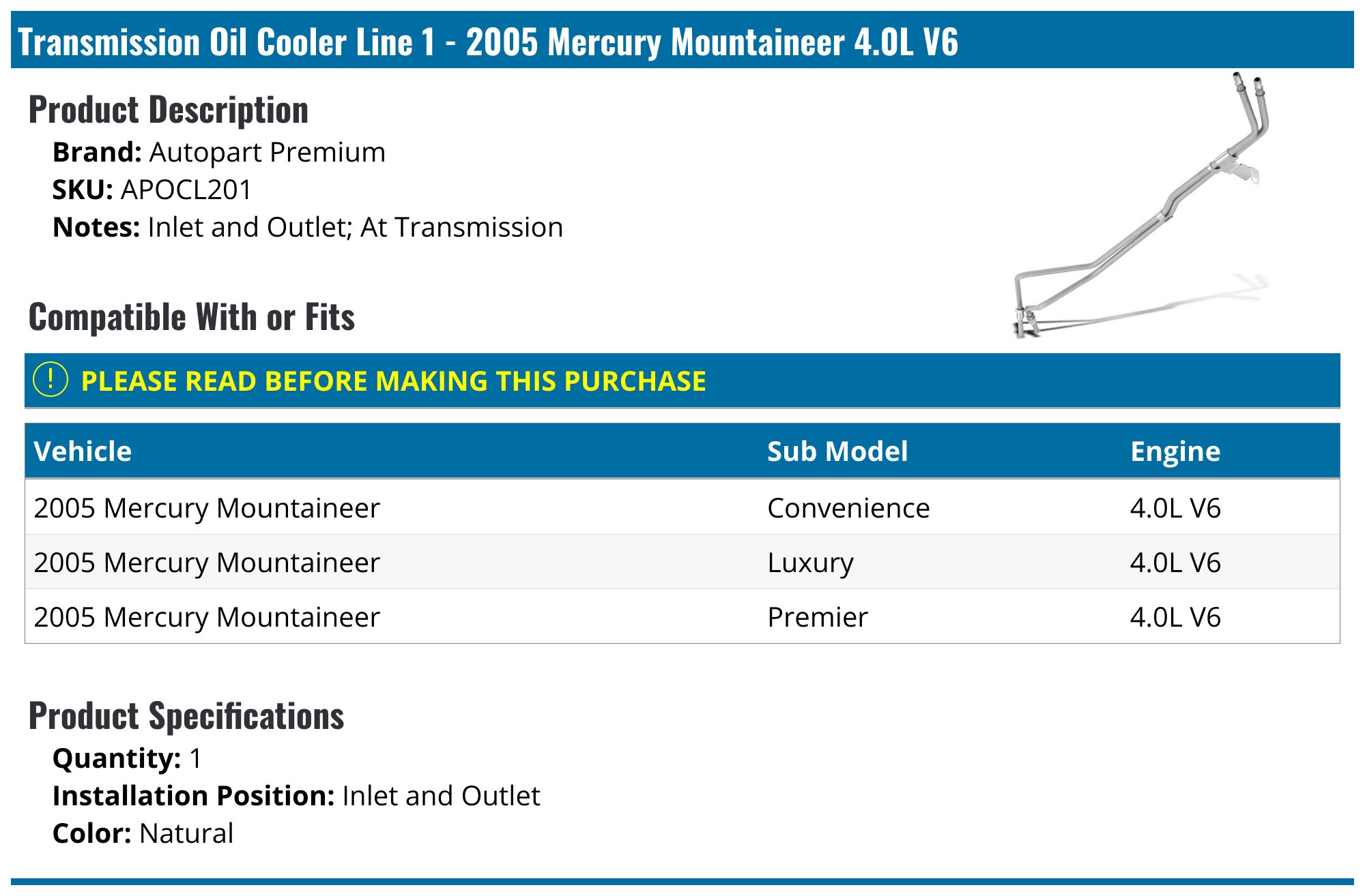 Evan-Fischer Transmission Oil Cooler For Ford Explorer Mercury Mountaineer 2002-2005