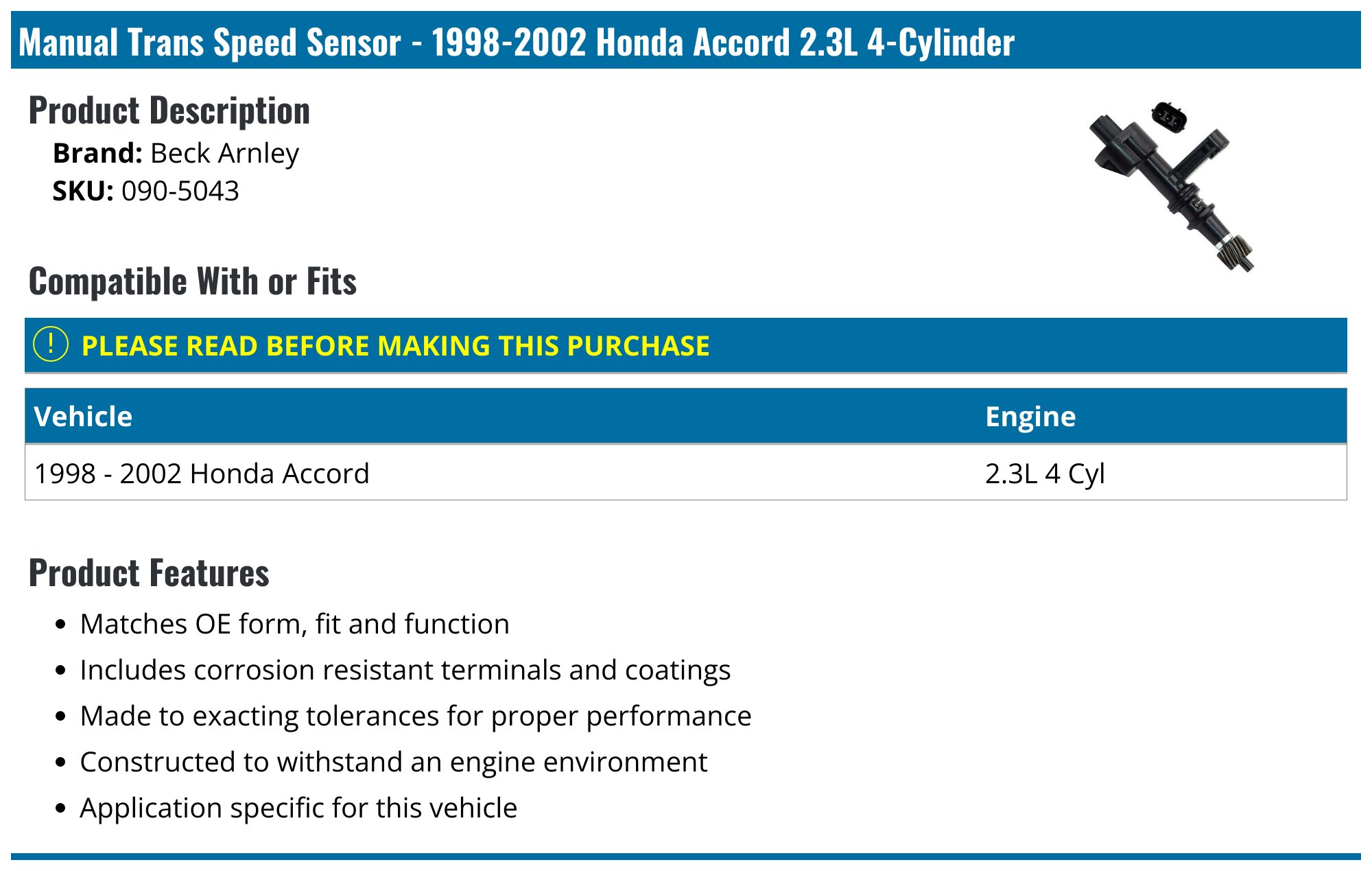 Manual Transmission Vehicle Speed Sensor For 1998-2002 Honda Accord (2.3L L4 & 3.0L V6)