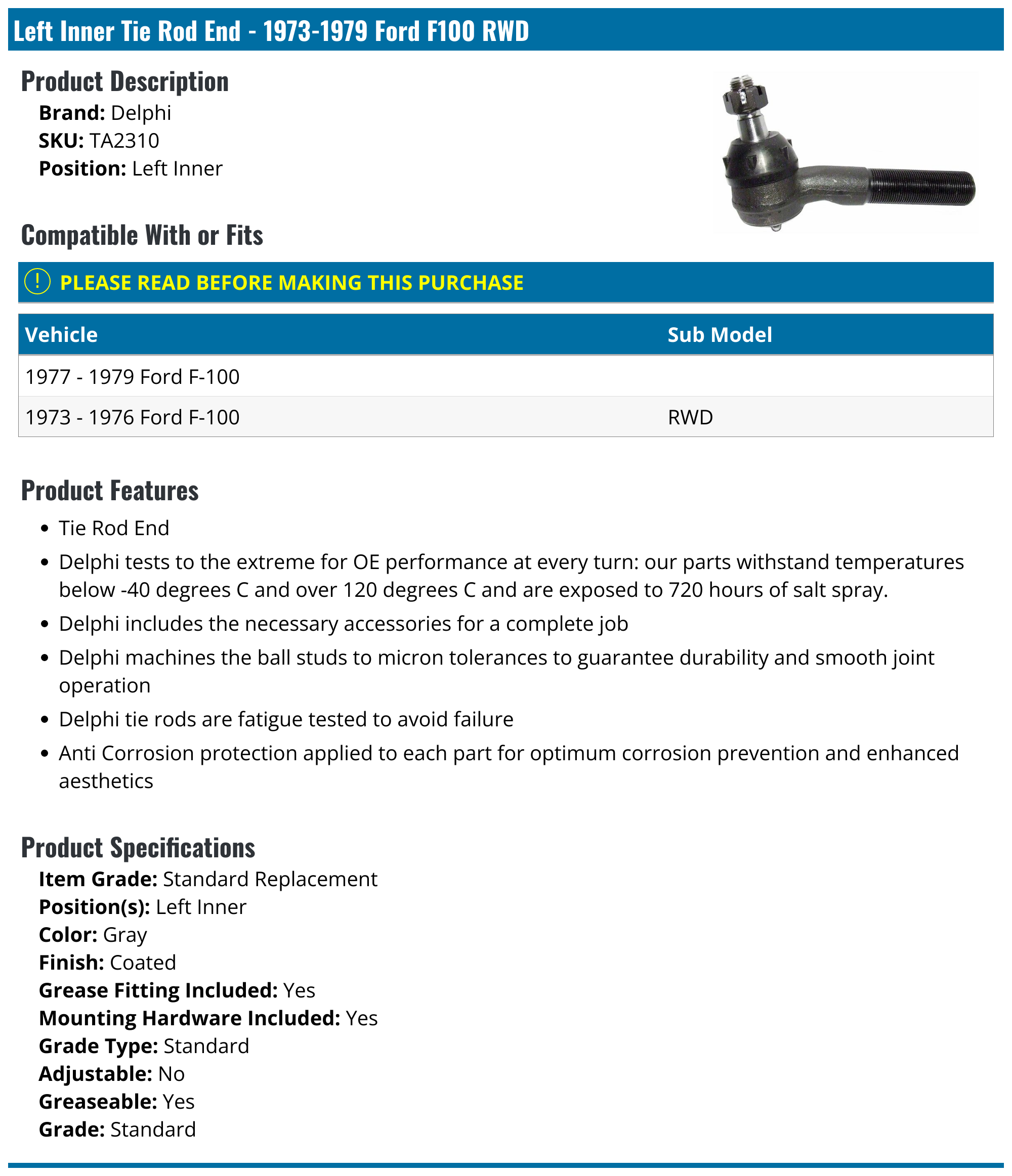 19721979 Ford F100 Tie Rod End Delphi TA2310 Left Inner