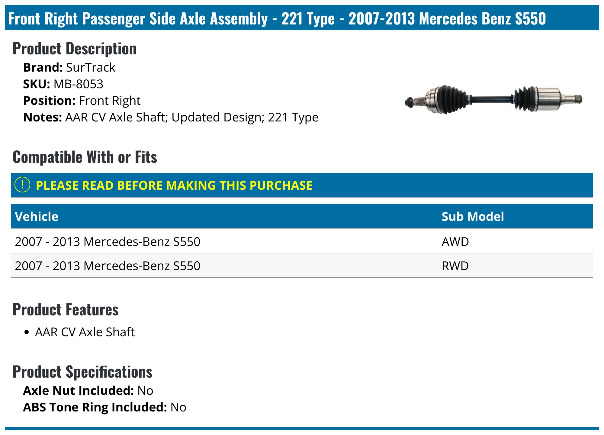 Front Left & Right CV Axle Joints Shaft For 2007-2013 Mercedes S550 w/ Warranty Front Left & Right CV Axle Joints Shaft For 2007-2013 Mercedes S550 w/ Warranty