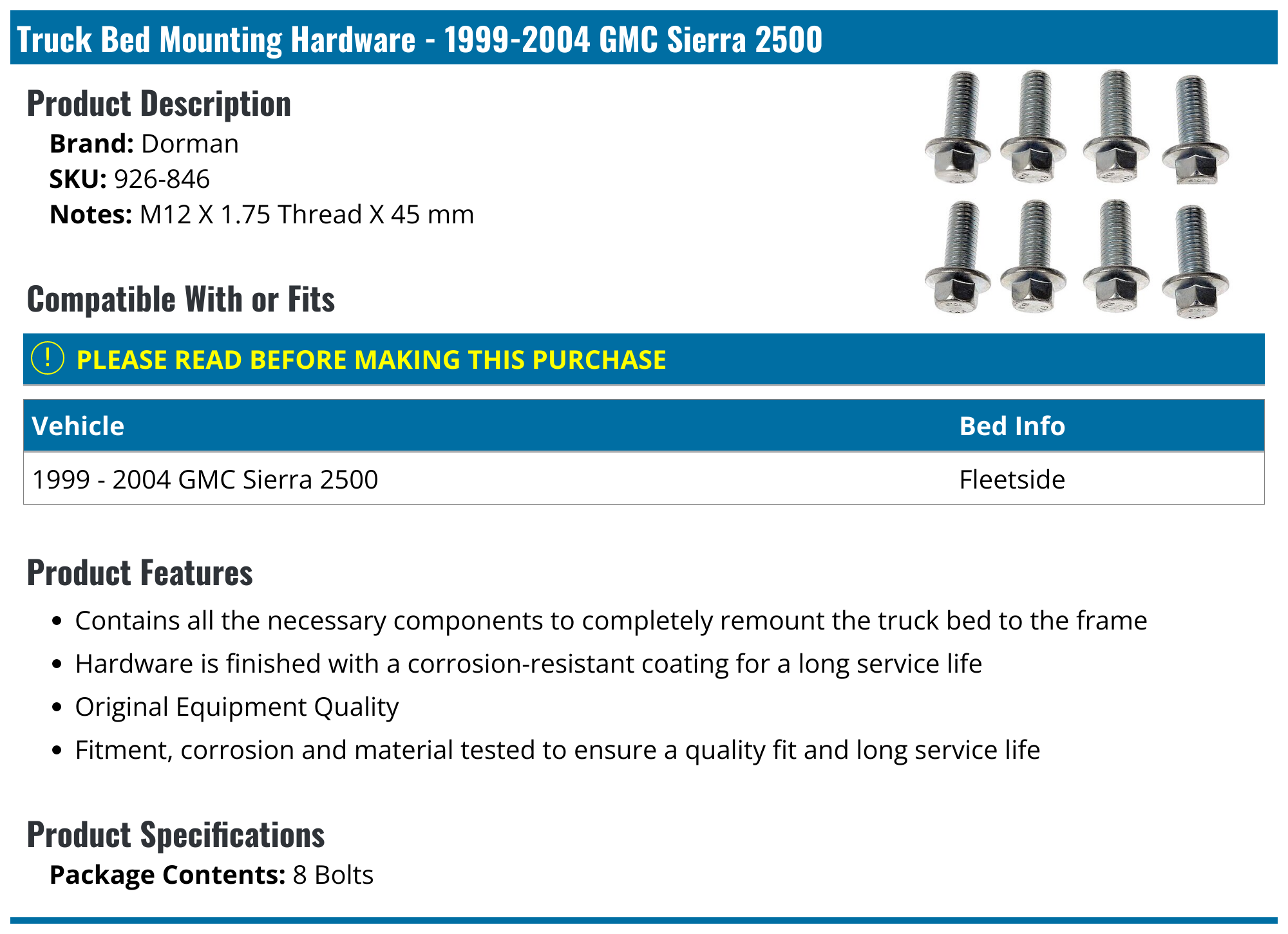 19992004 GMC Sierra 2500 Truck Bed Mounting Hardware Dorman 926846