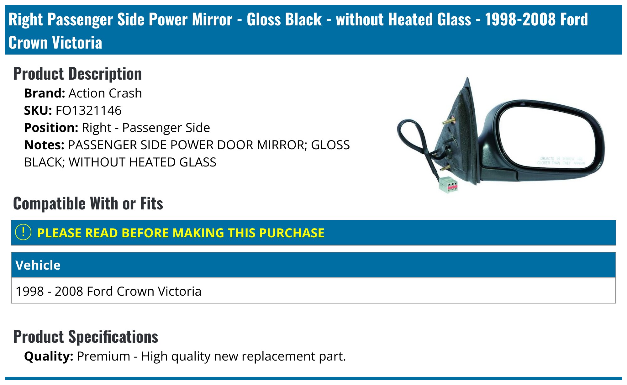 Mirror Compatible With 2003-2008 Mercury Grand Marquis 2002-2008 Ford Crown Victoria Left Driver Side Heated Chrome Kool-Vue