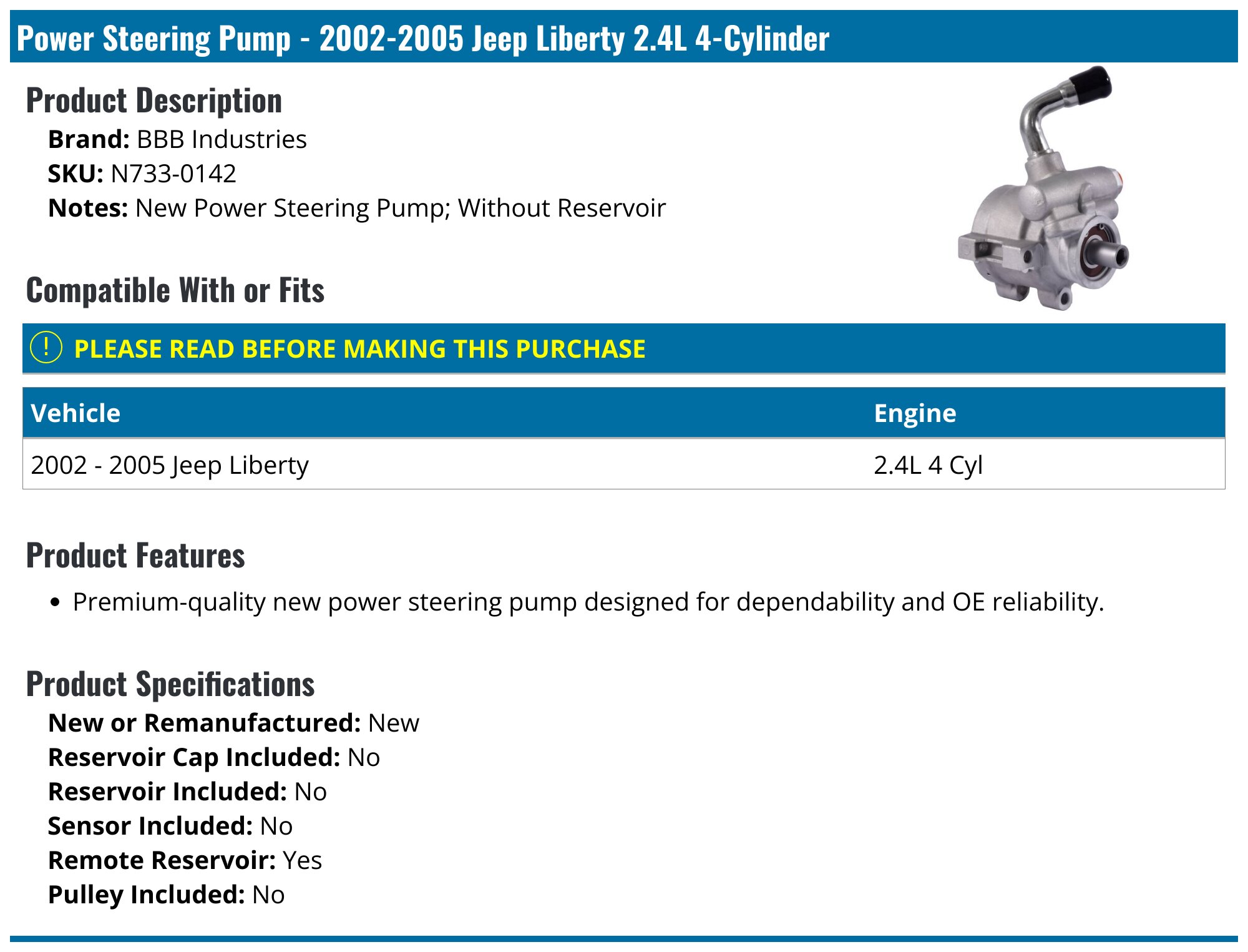 20022005 Jeep Liberty Power Steering Pump BBB Industries N7330142