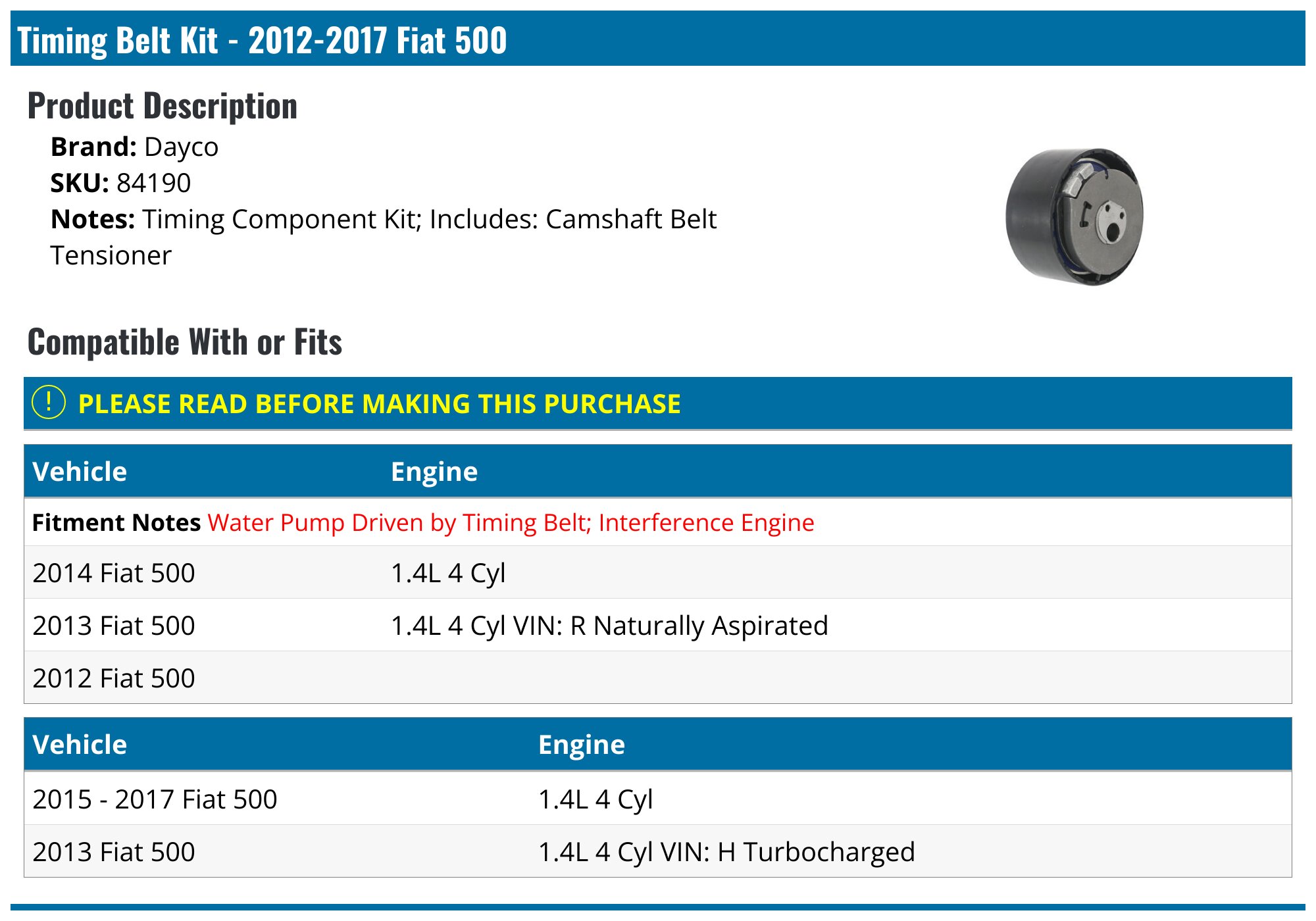 20122017 Fiat 500 Timing Belt Dayco 84190