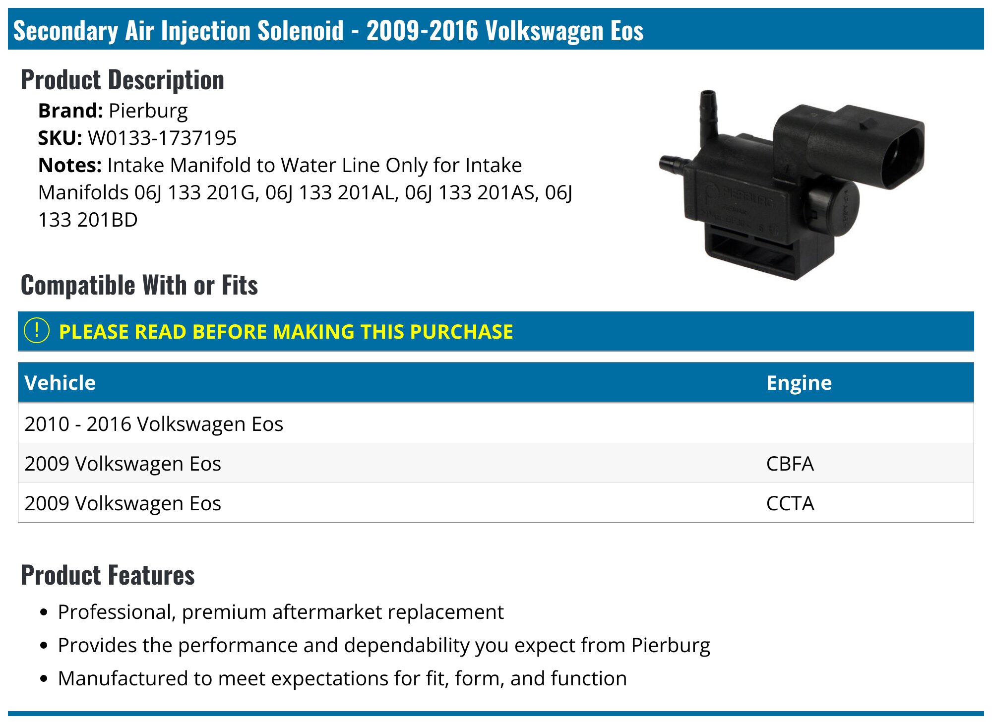 20092016 Volkswagen Eos Secondary Air Injection Solenoid Pierburg