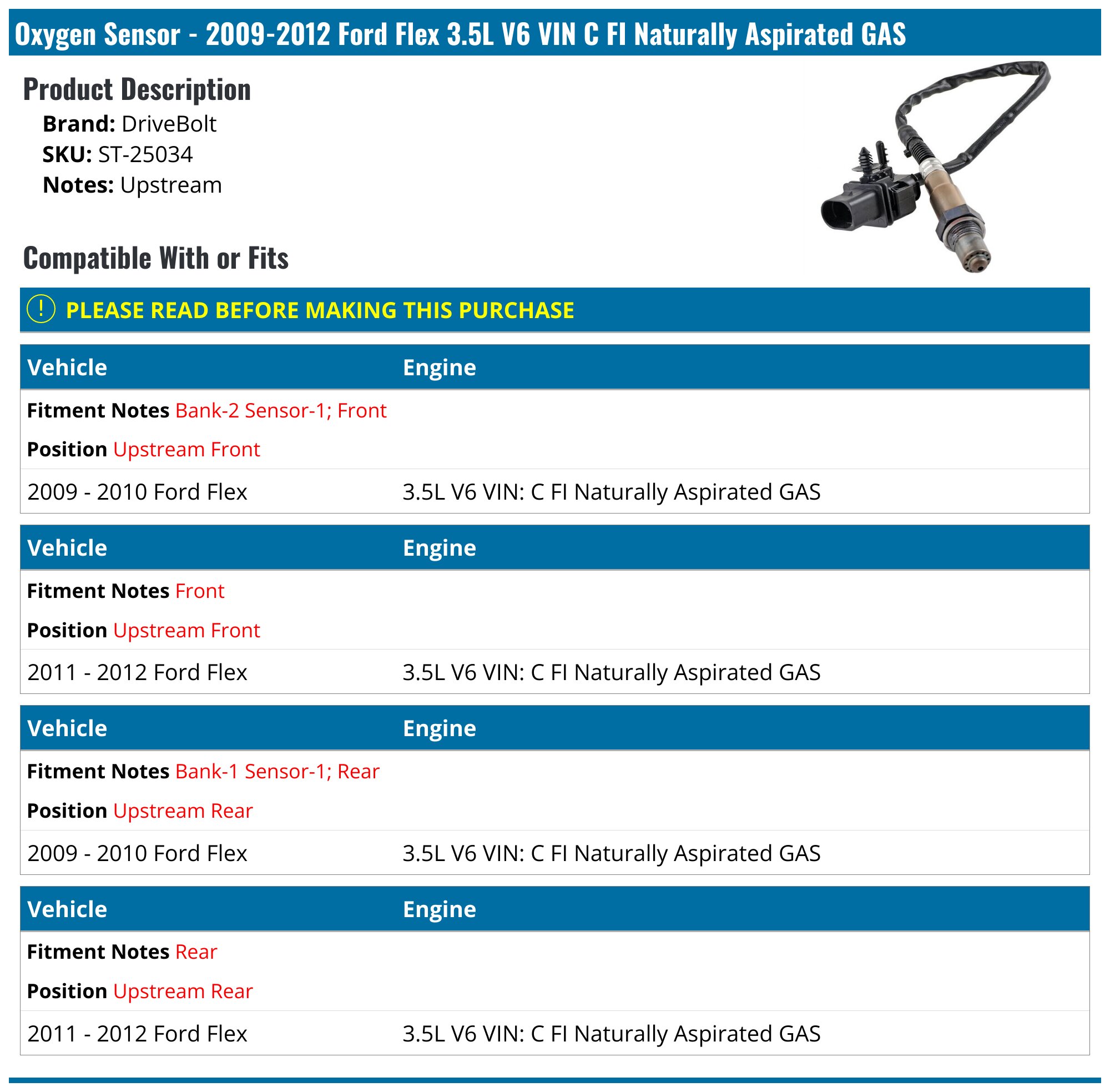 2009-2012 Ford Flex Oxygen Sensor - DriveBolt ST-25034 - Upstream Front ...