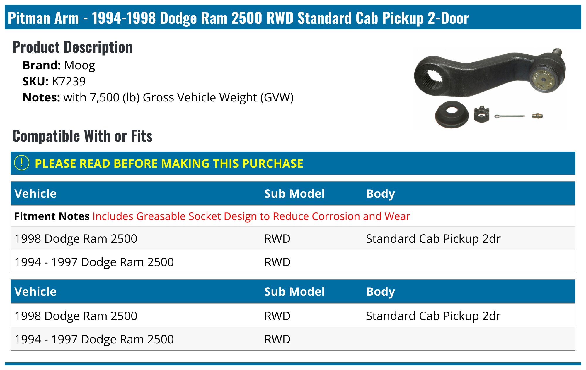 1994-1998 Dodge Ram 2500 Pitman Arm - Moog K7239 - PartsGeek.com