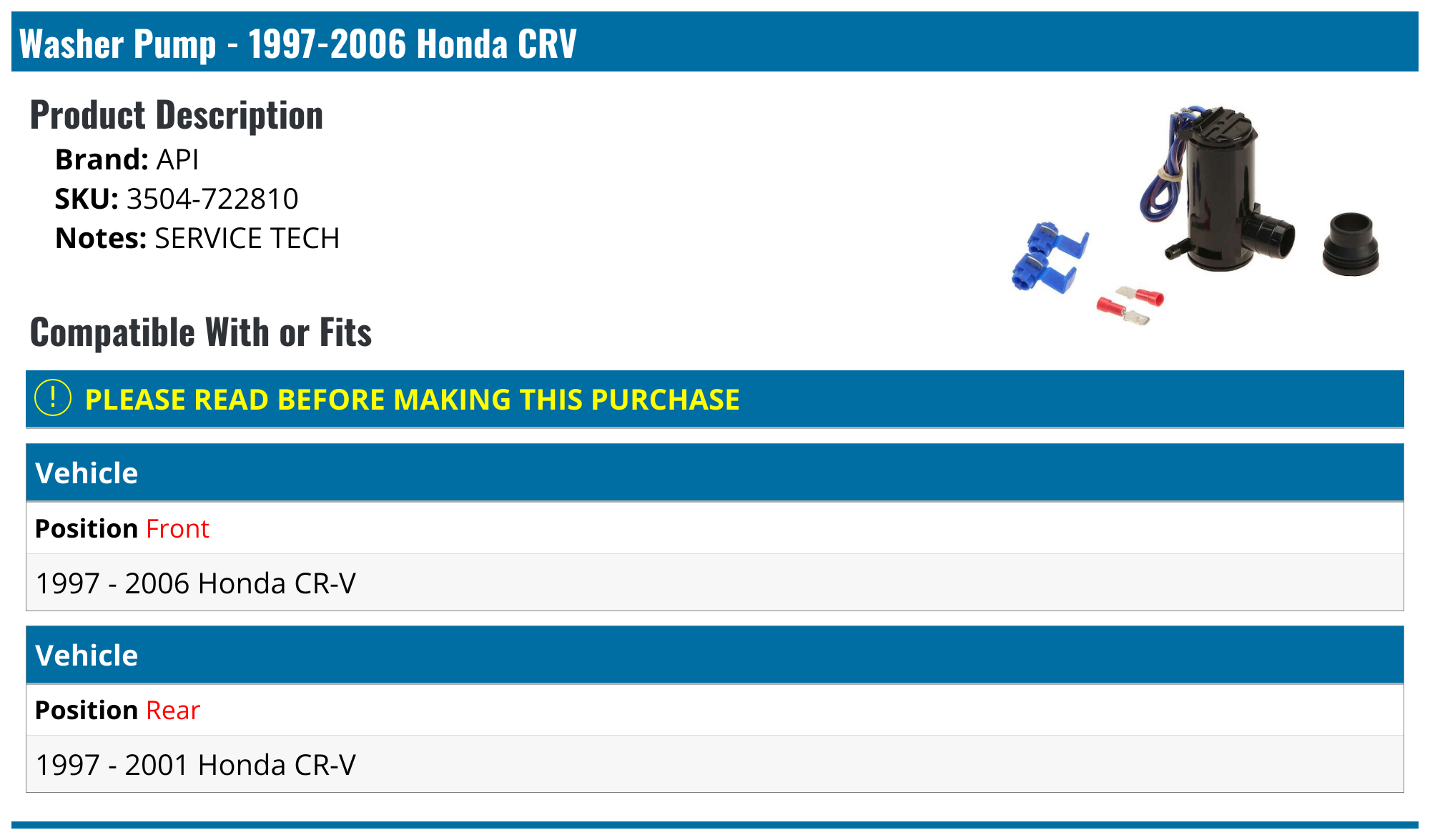19972006 Honda CRV Washer Pump API 602102446053 Front