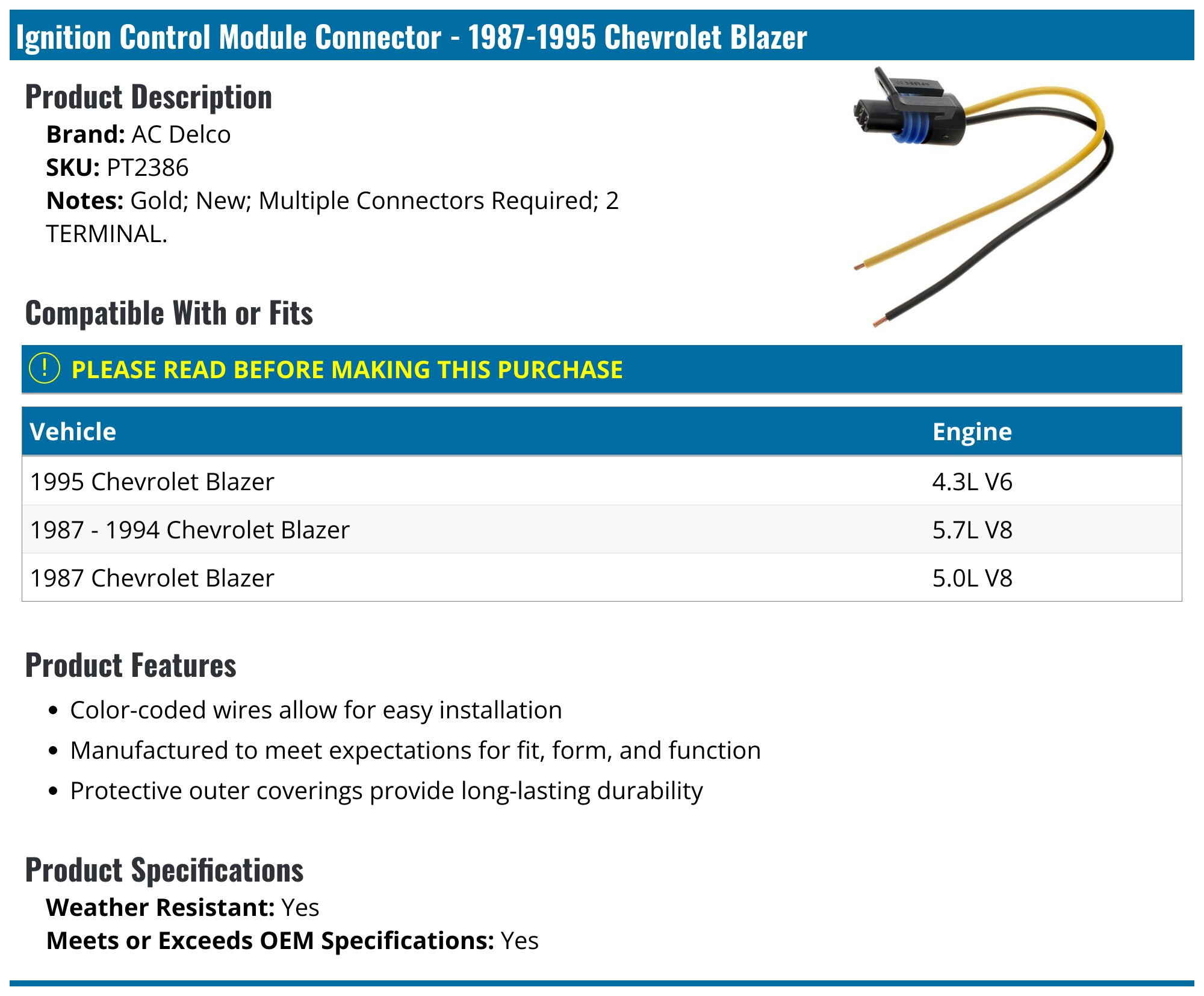 1987-1995 Chevrolet Blazer Ignition Control Module Connector - AC Delco ...