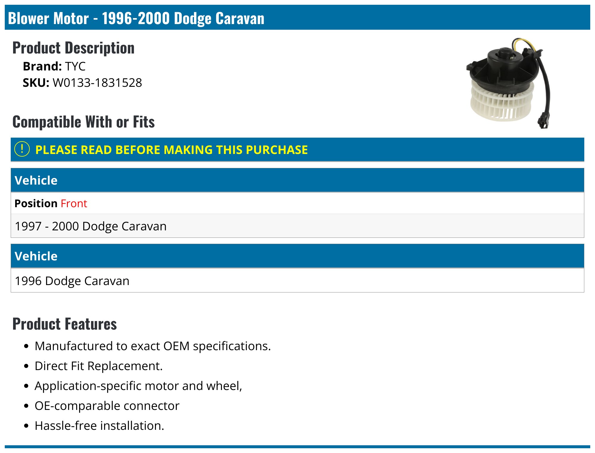 1996-2000 Dodge Caravan Blower Motor - TYC W0133-1831528 - PartsGeek.com
