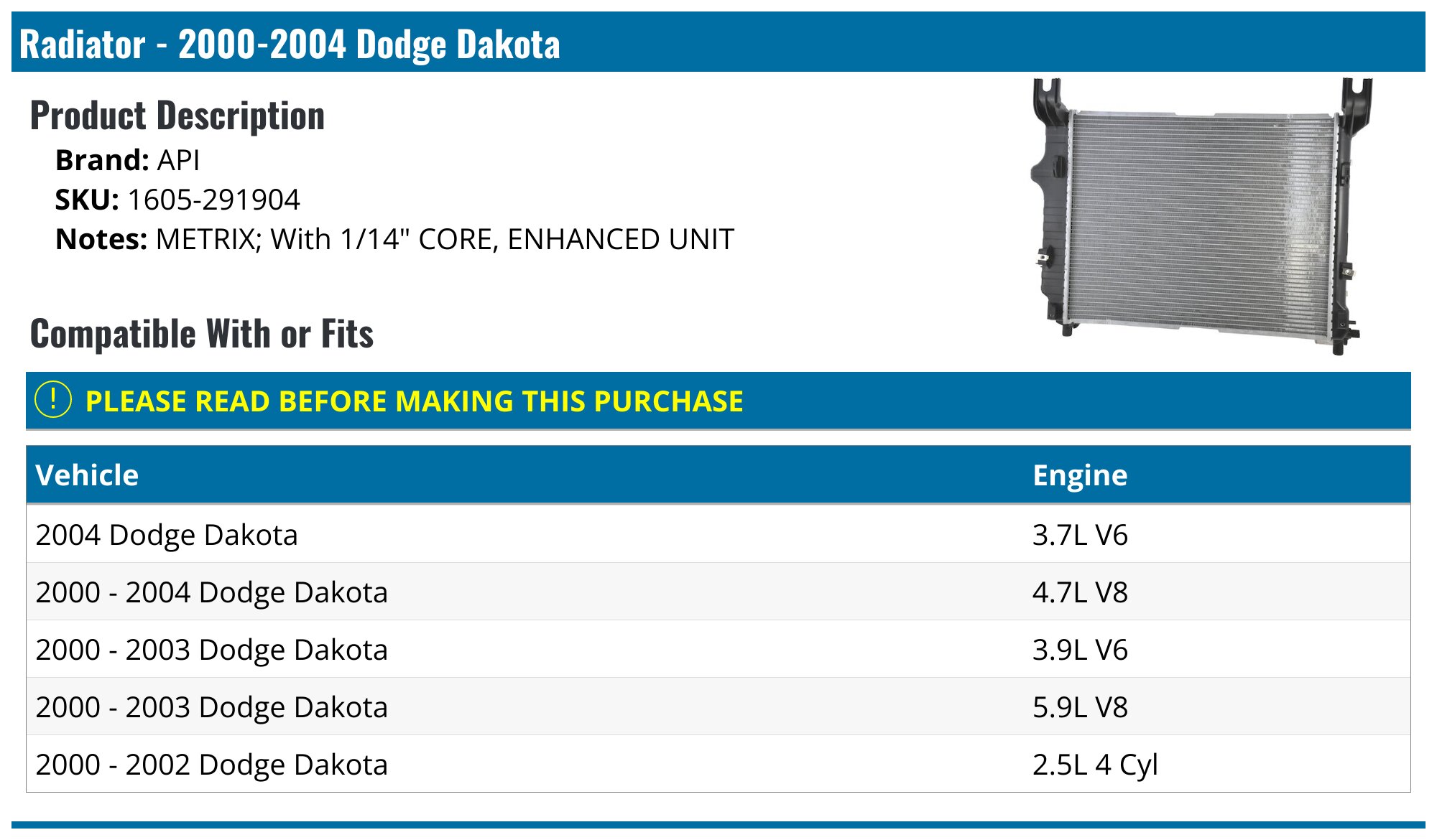 ASI 3-Row Aluminum Radiator For 2000-2004 Dodge Dakota & Durango - Improves Cooling By 35-45%