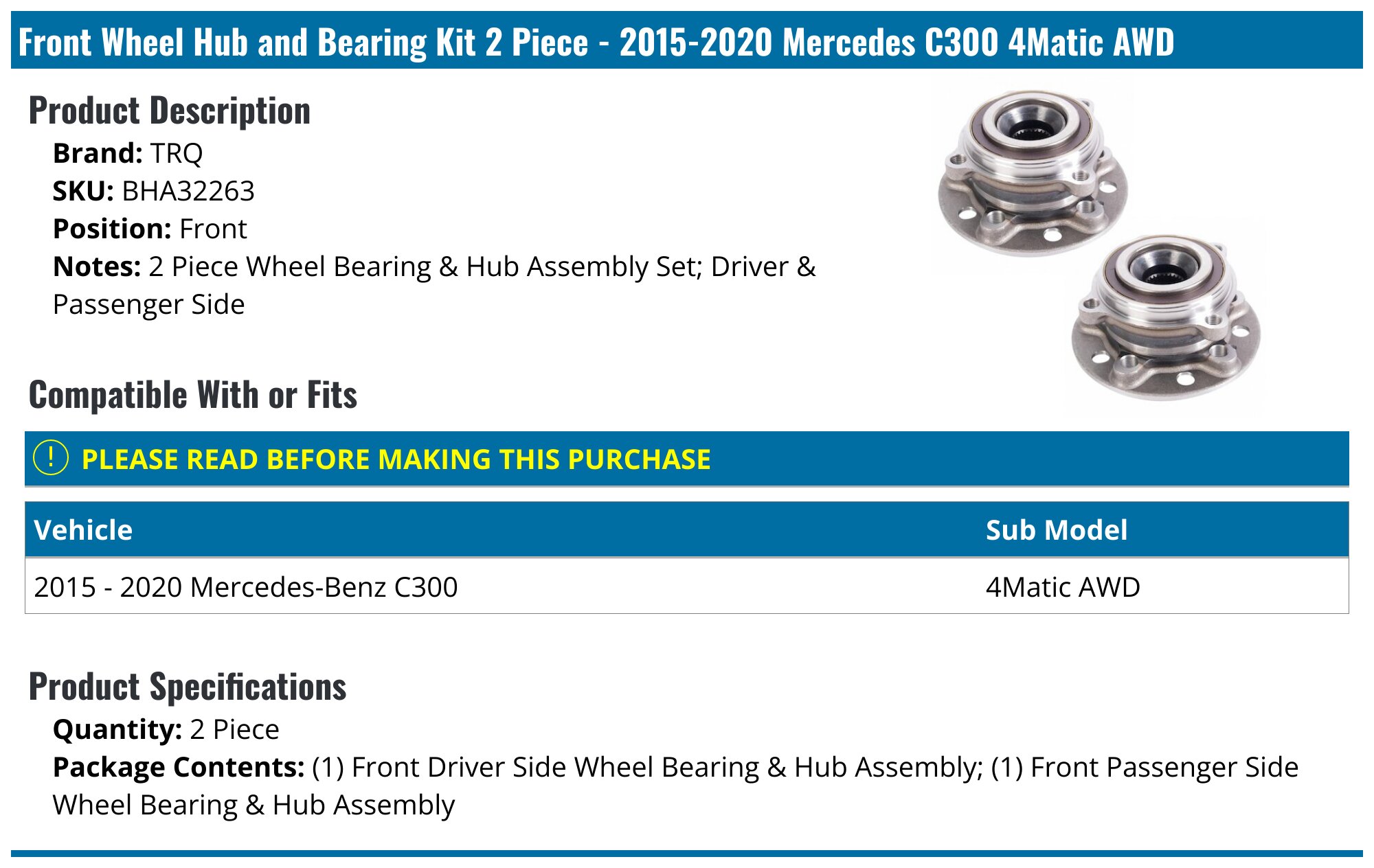 2015-2022 Mercedes C300 Wheel Hub Assembly - TRQ BHA32263 - Front ...