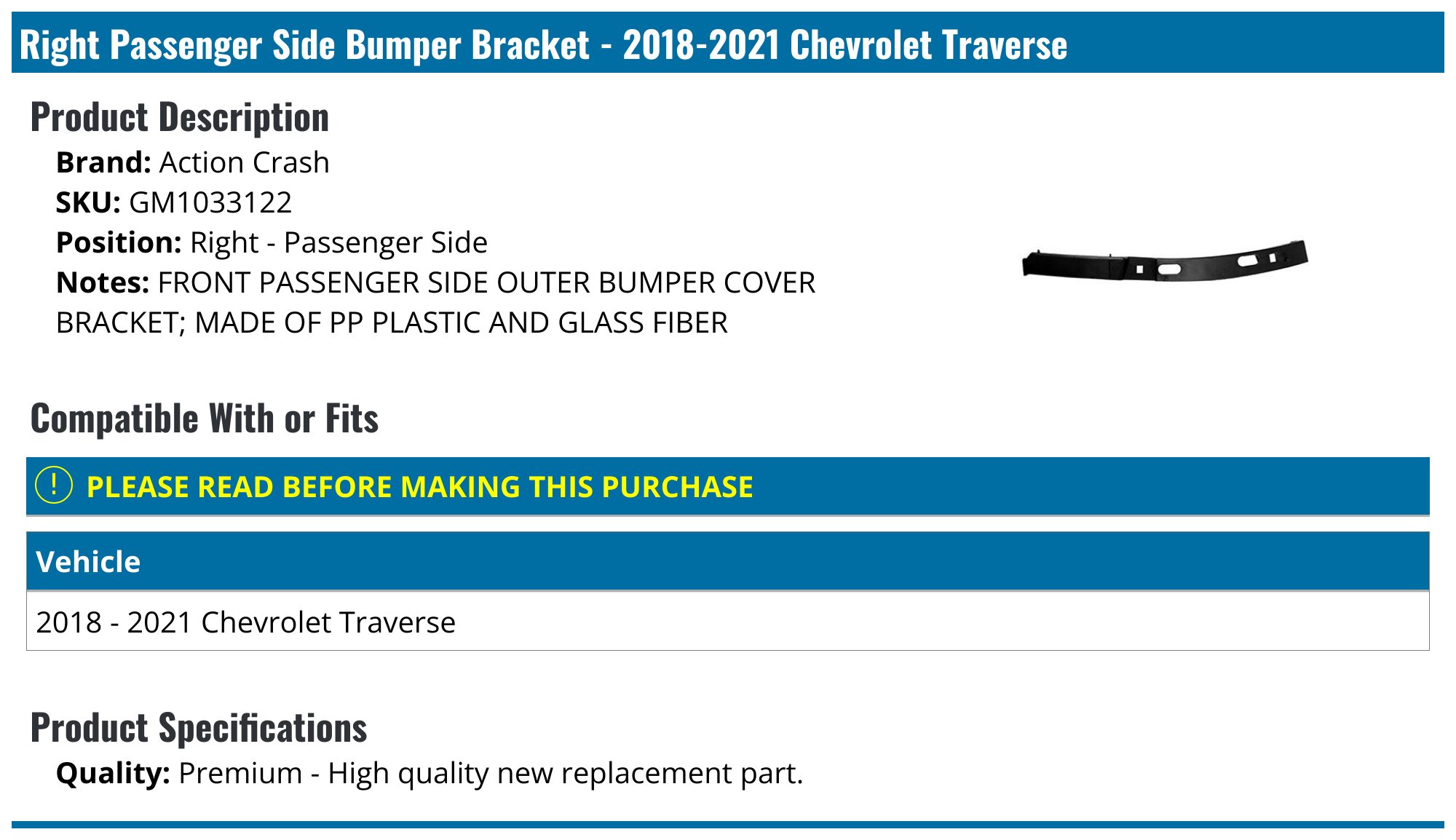 Perfect Fit Passenger Side Front Bumper Cover Bracket For 2018-2021 Chevy Traverse - OEM Equivalent GM1033122