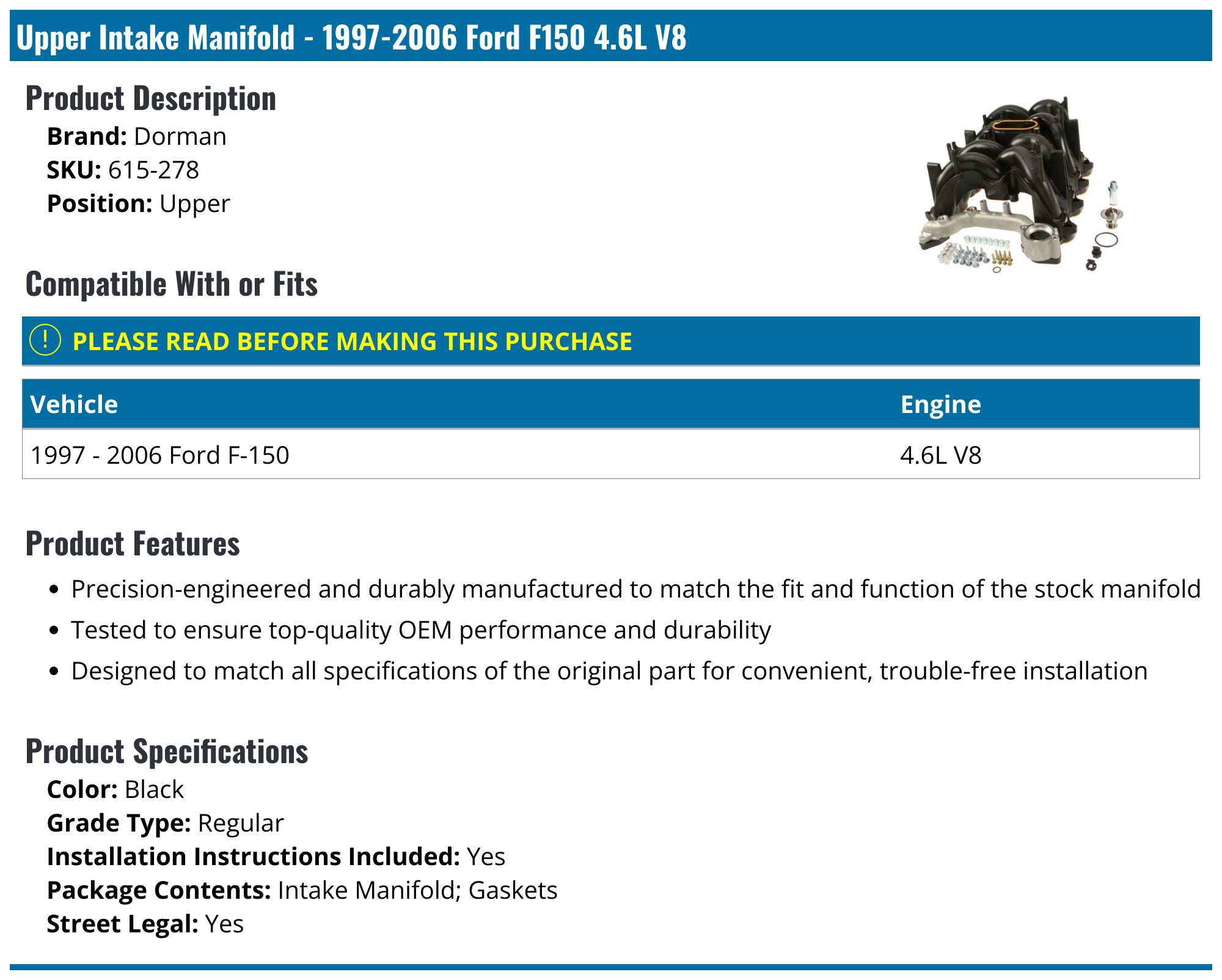 19972006 Ford F150 Intake Manifold Dorman 615278 Upper