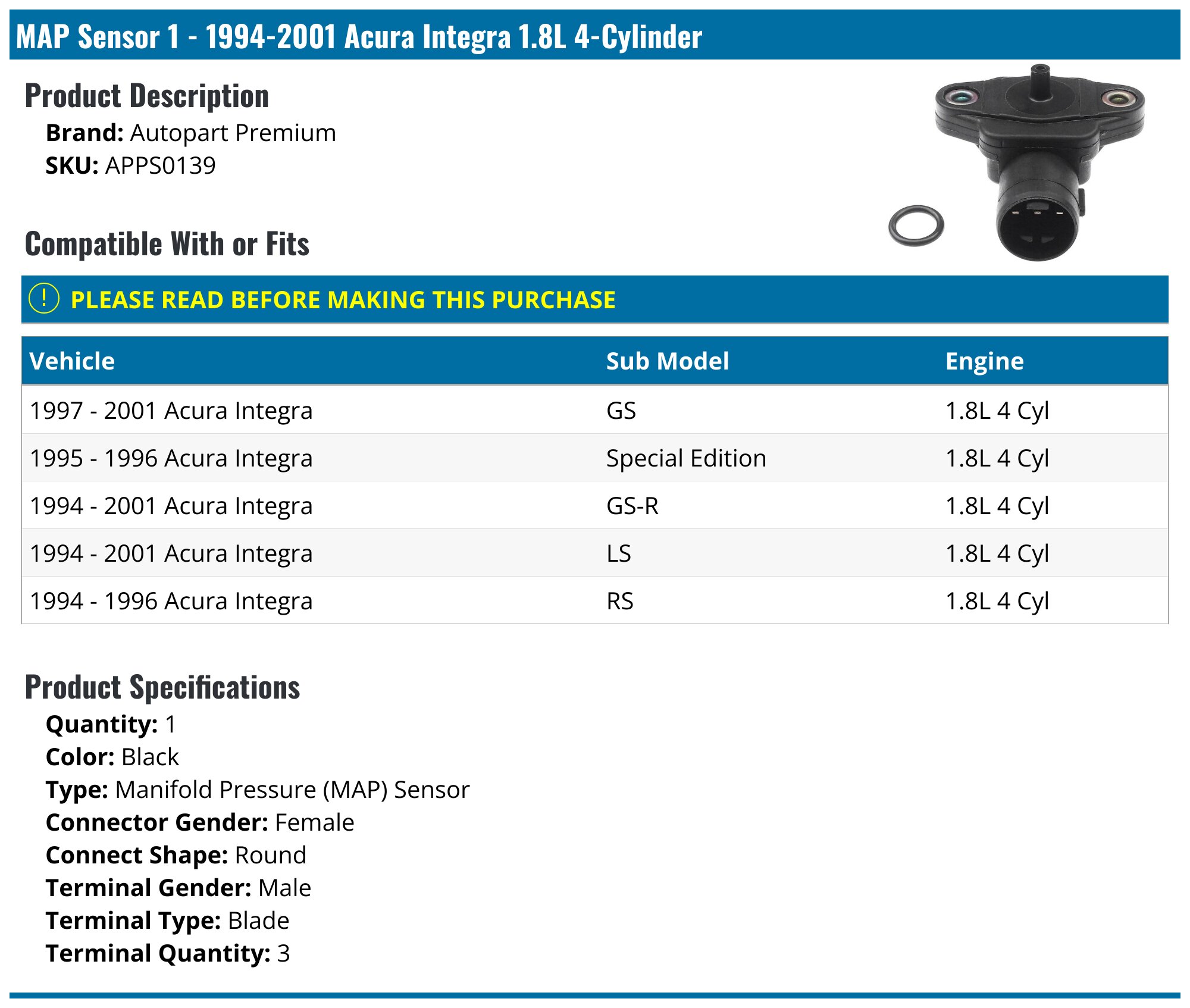 1994-2001 Acura Integra MAP Sensor - Autopart Premium APPS0139 ...