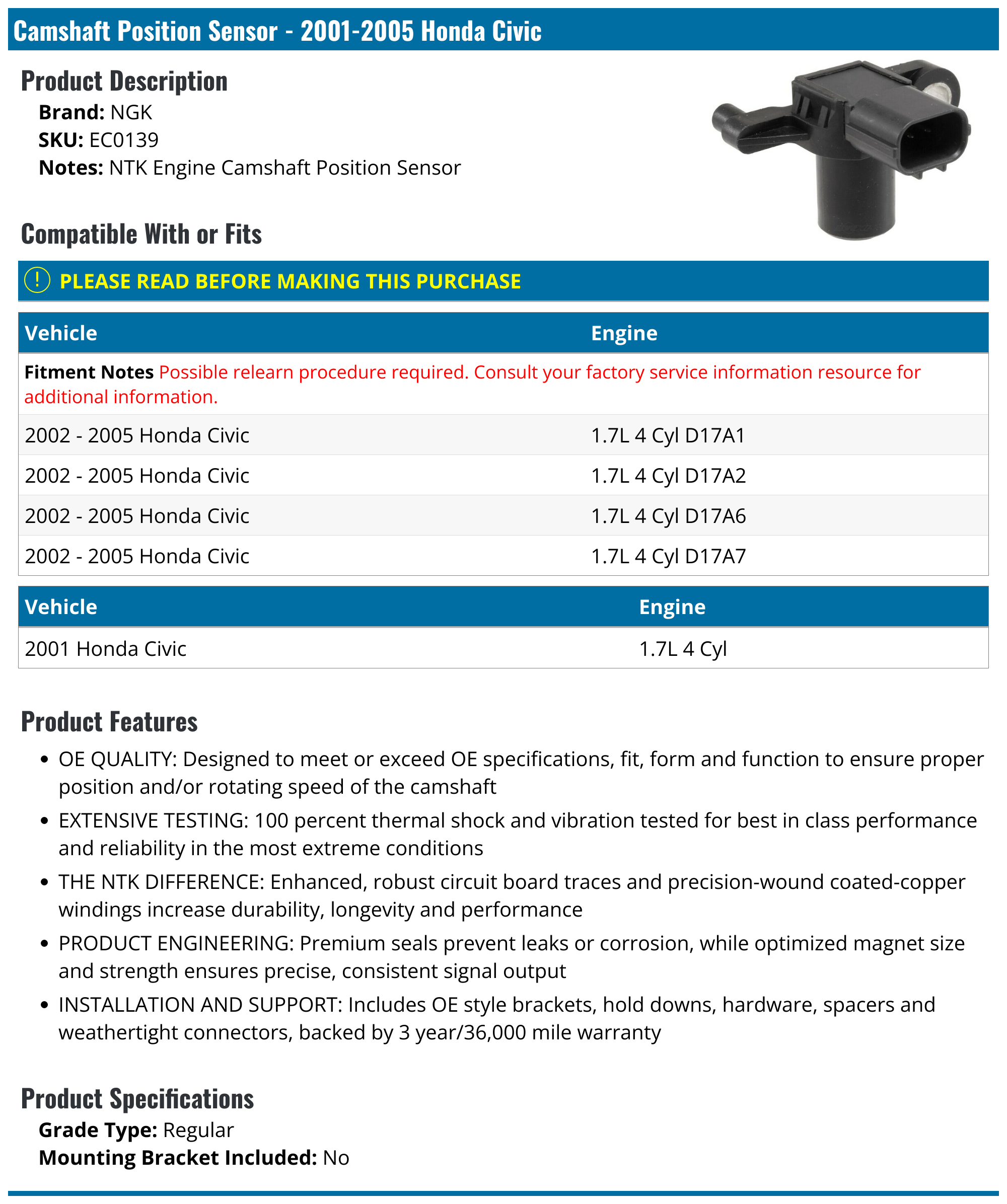 20012005 Honda Civic Camshaft Position Sensor NGK EC0139