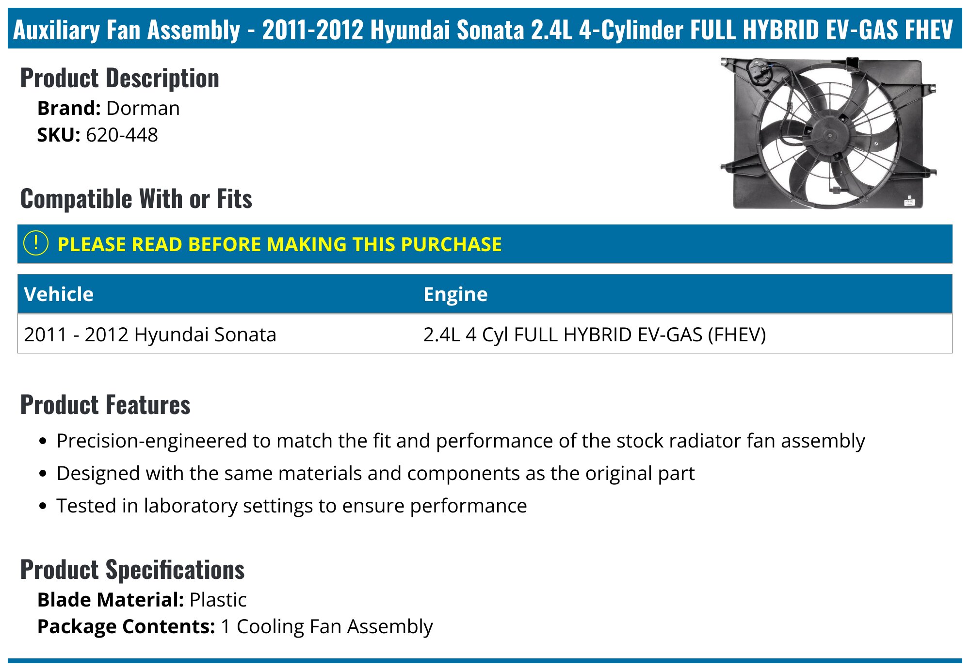 Cooling Fan & Radiator Assembly For 2011-2012 Hyundai Sonata 2.4L – Autodayplus – Direct Fit