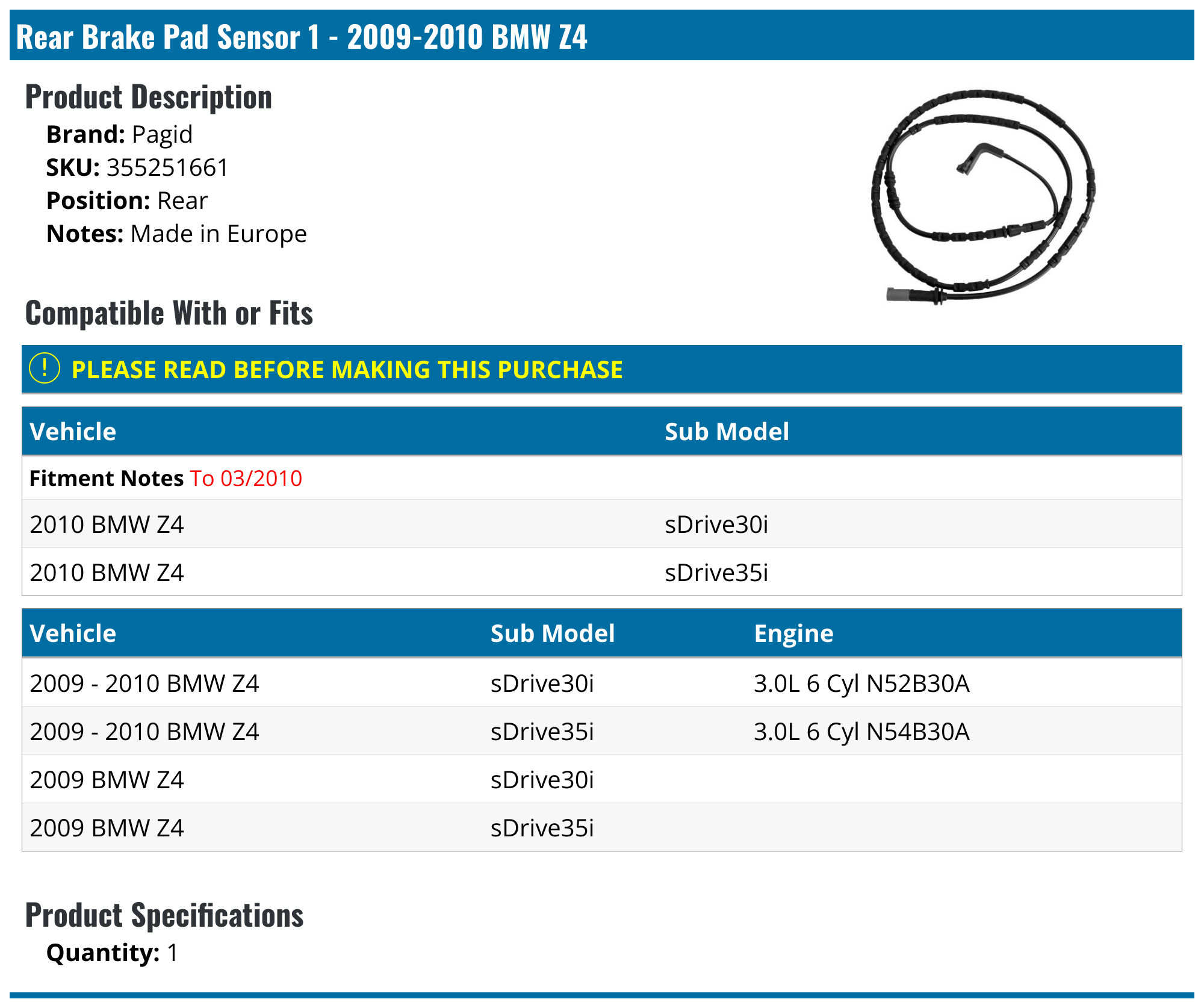 20092010 BMW Z4 Brake Pad Sensor Pagid 355251661 Rear