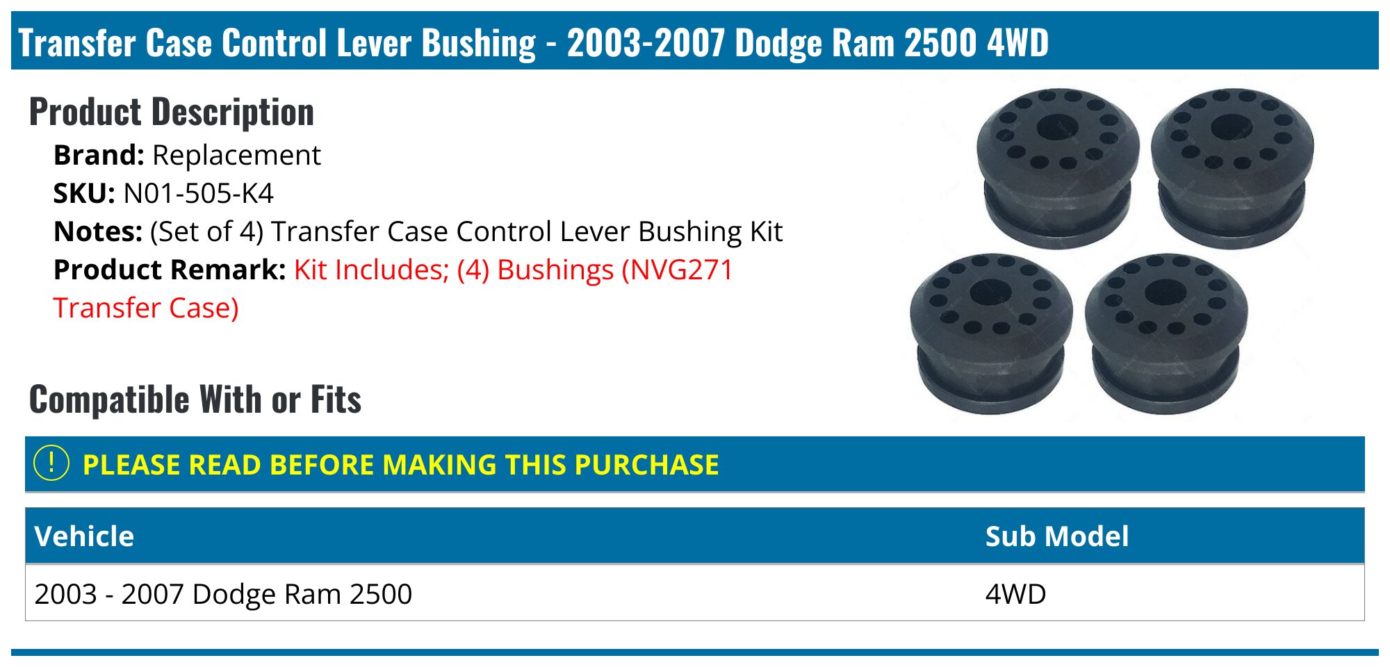 thumbnail image 2 of TOM AUTO PARTS Transfer Case Control Lever Bushing Kit For Dodge Ram 1500 2500 68078974AA 2 of 5