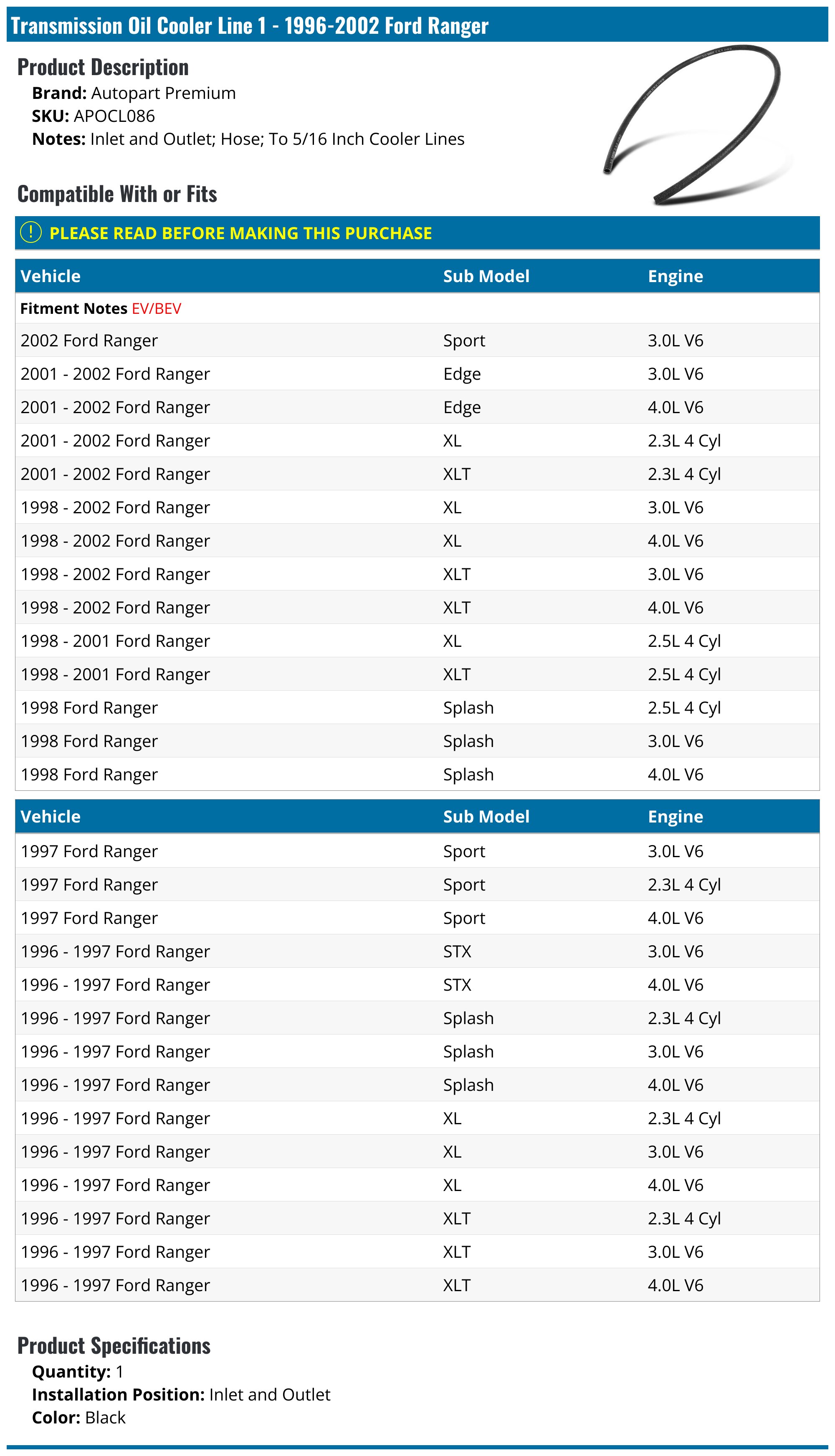 1996-2002 Ford Ranger Transmission Oil Cooler Line - Autopart Premium ...