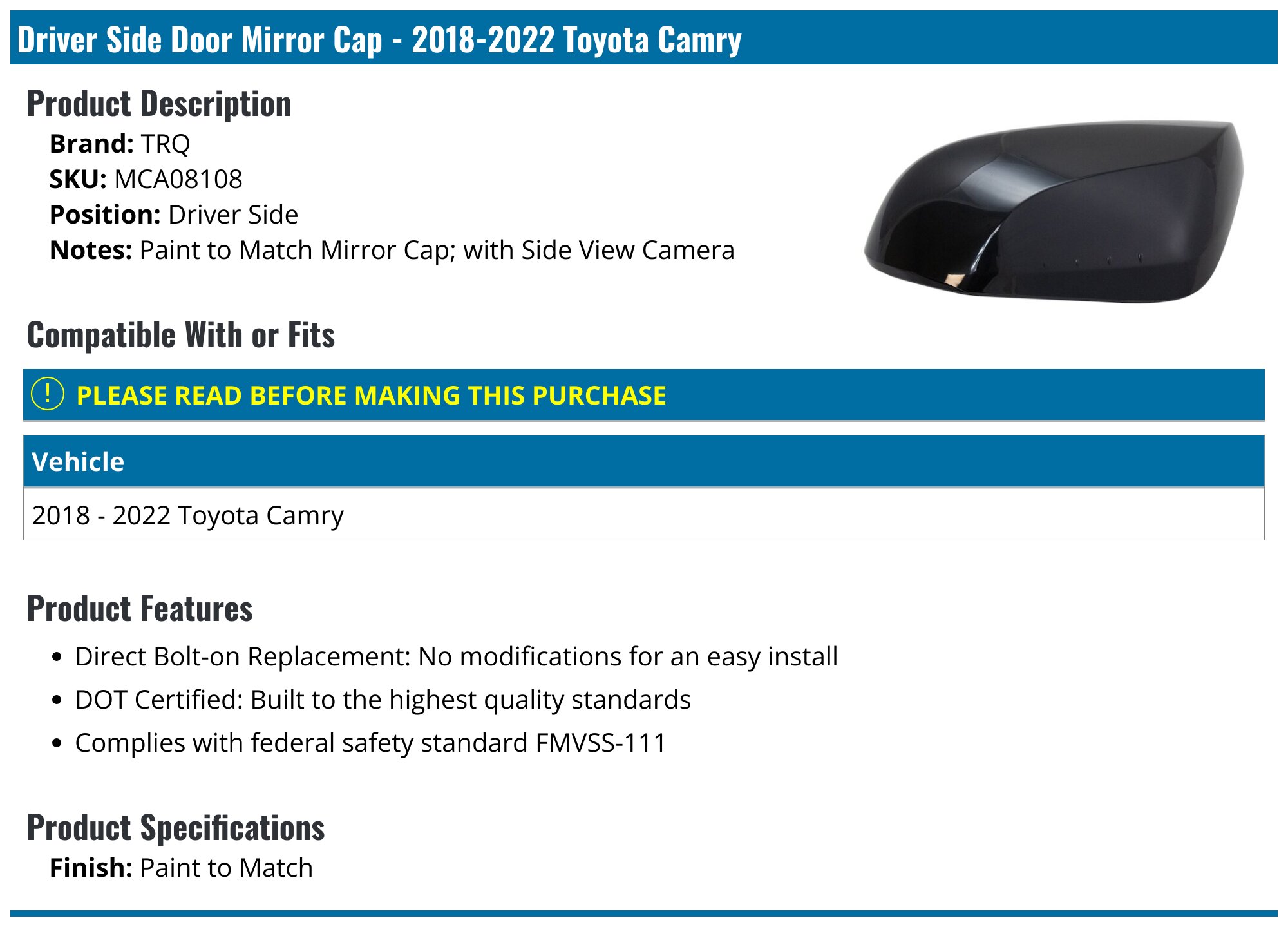 White Door Mirror Cover Driver Side for Toyota Camry XLE XSE 2018-2022