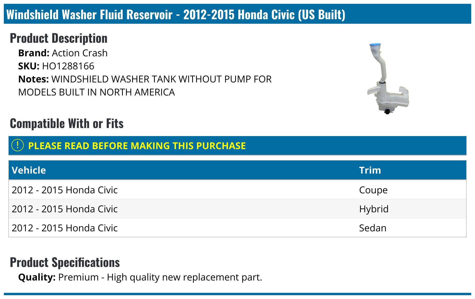 Windshield Washer Fluid Reservoir Cap - Compatible With 2012 - 2017 Honda Odyssey 2013 2014 2015 2016
