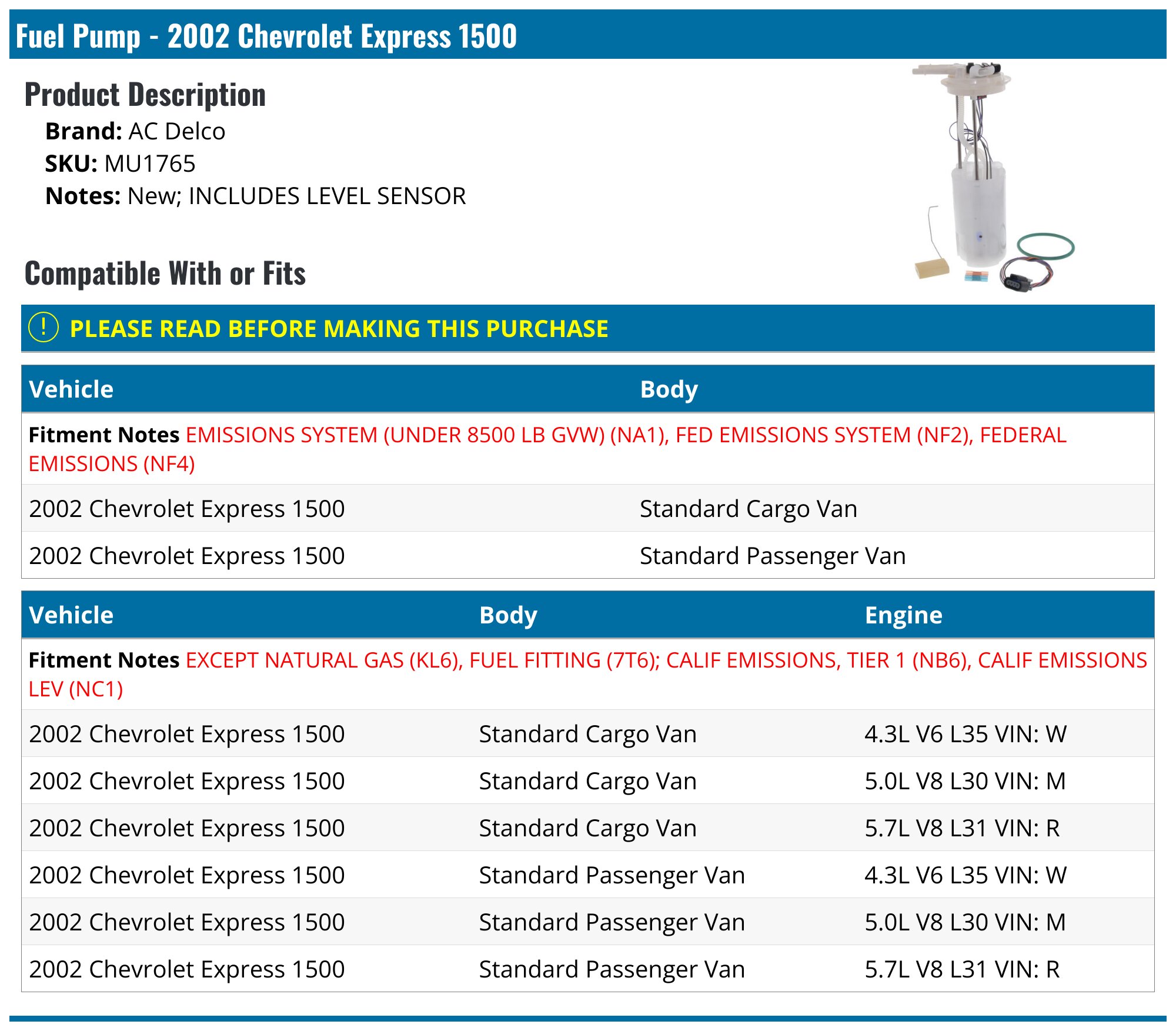Petrol Pump JC Whitney Fuel Pump JC314515 For Chevy Express & GMC Savana 1997-2002 - Electric In-Tank Chevrolet Van Express 3500 - Foto 5