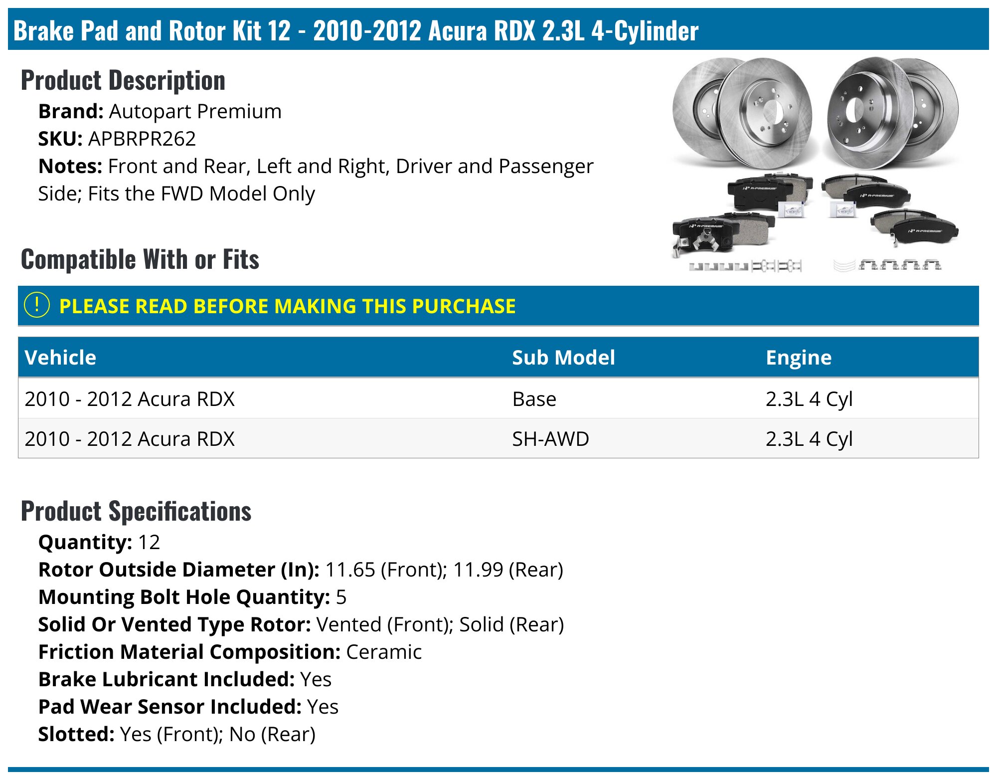 2010-2012 Acura RDX Brake Rotor - Autopart Premium APBRPR262 ...