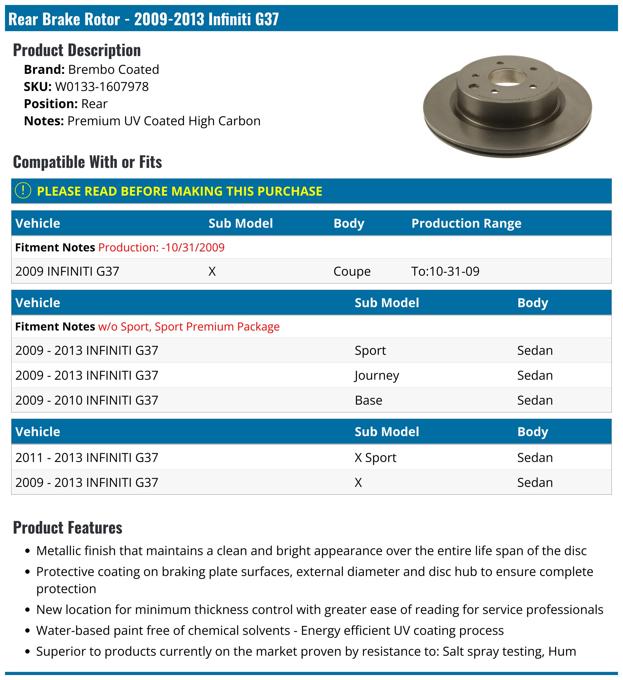 20092013 Infiniti G37 Brake Rotor Brembo Coated W01331607978 Rear