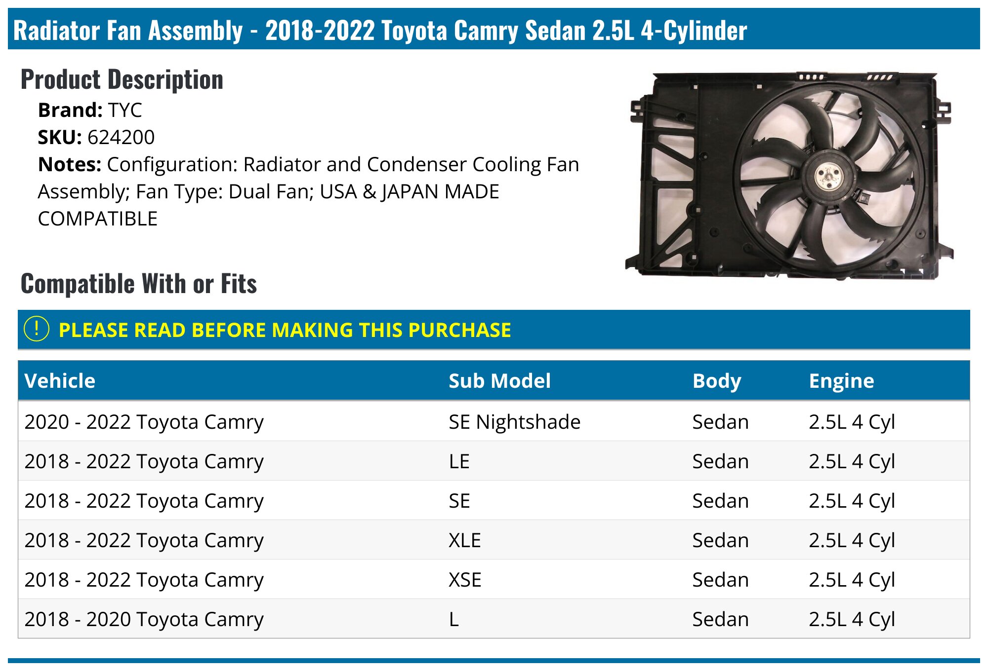 RadiatorCoolingFanAssembly for Toyota Avalon/Camry/Rav4 2018-2022