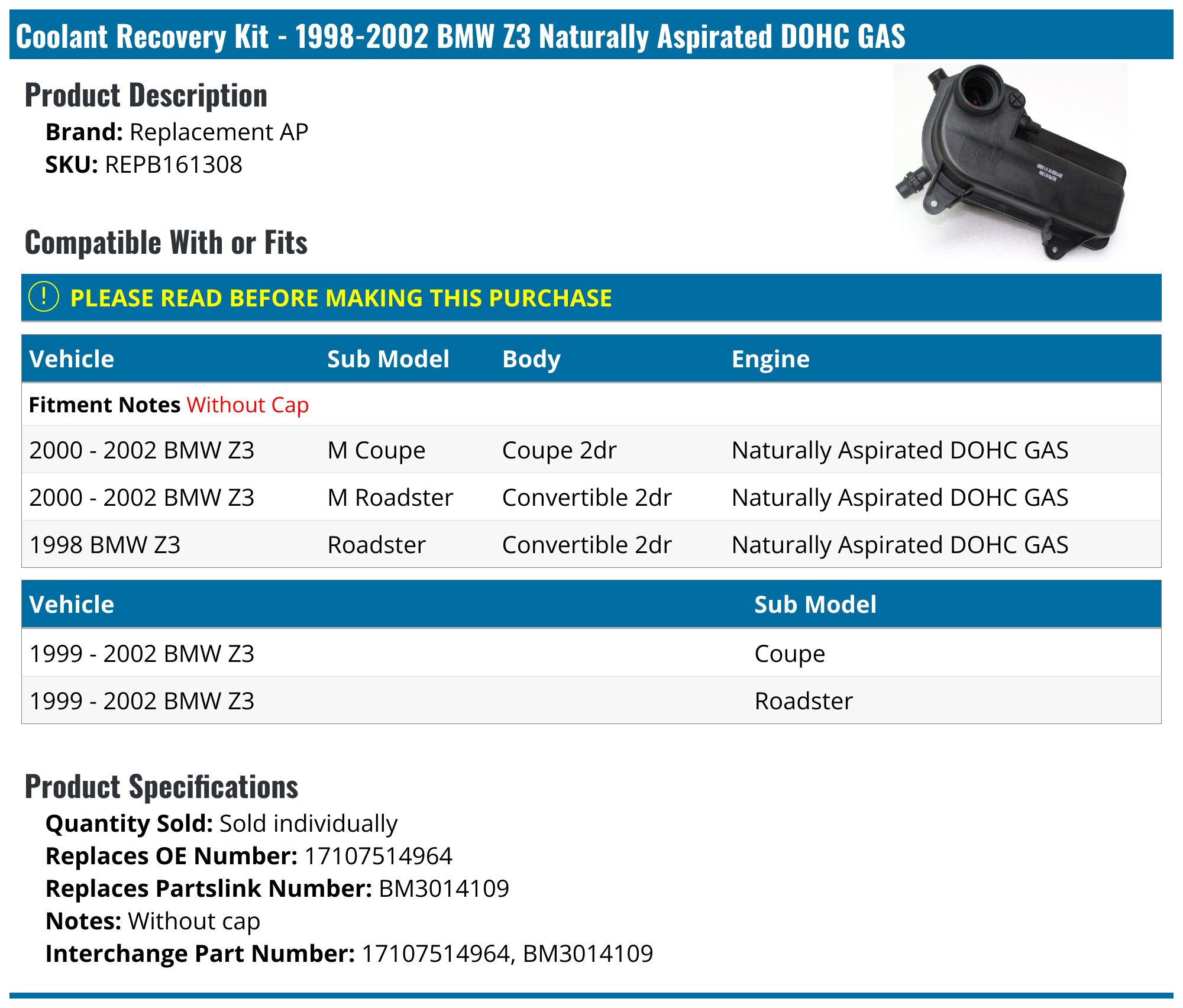 1998-2002 BMW Z3 Coolant Recovery Kit - Replacement AP REPB161308 ...