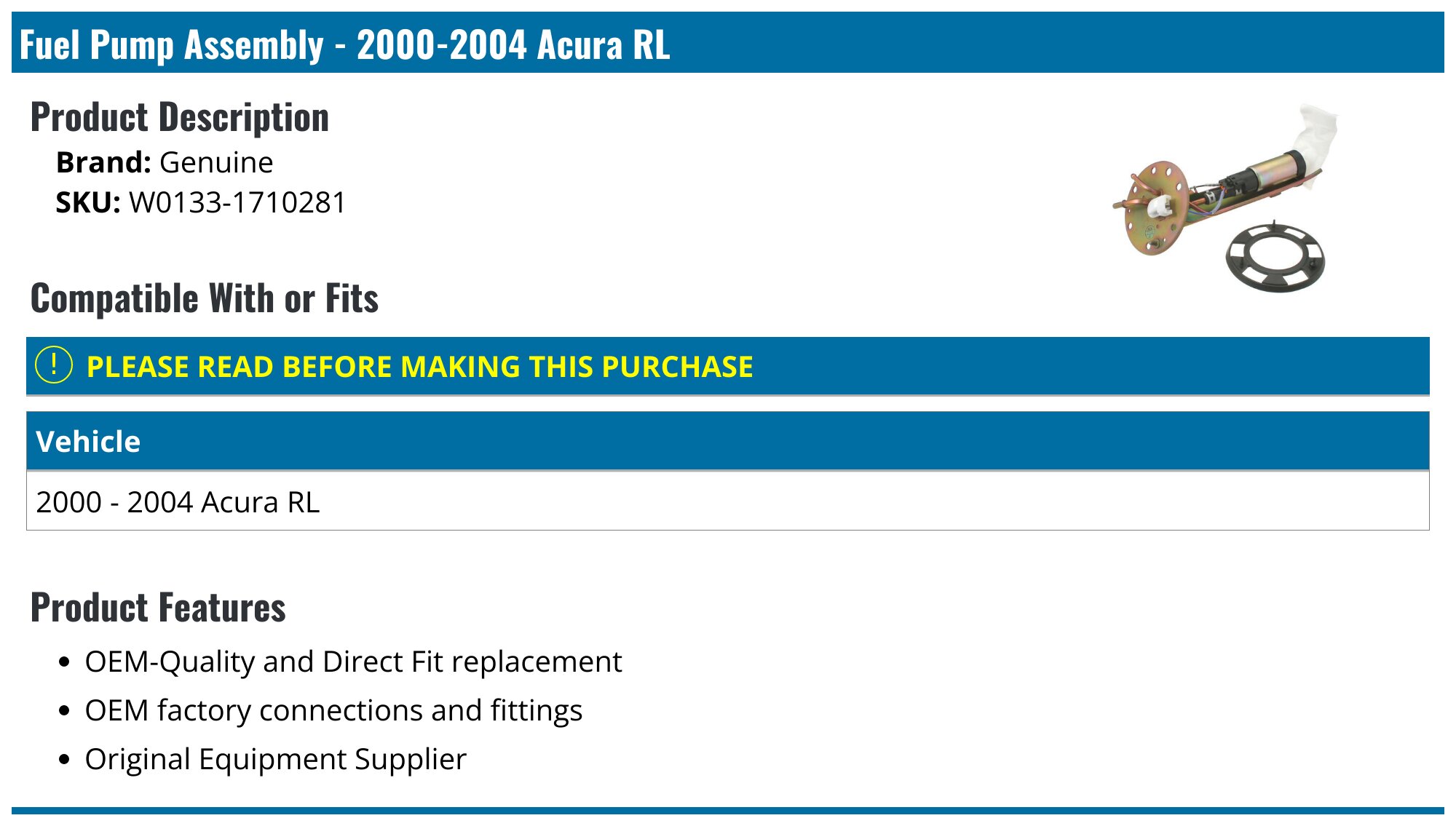 20002004 Acura RL Fuel Pump Genuine W01331710281