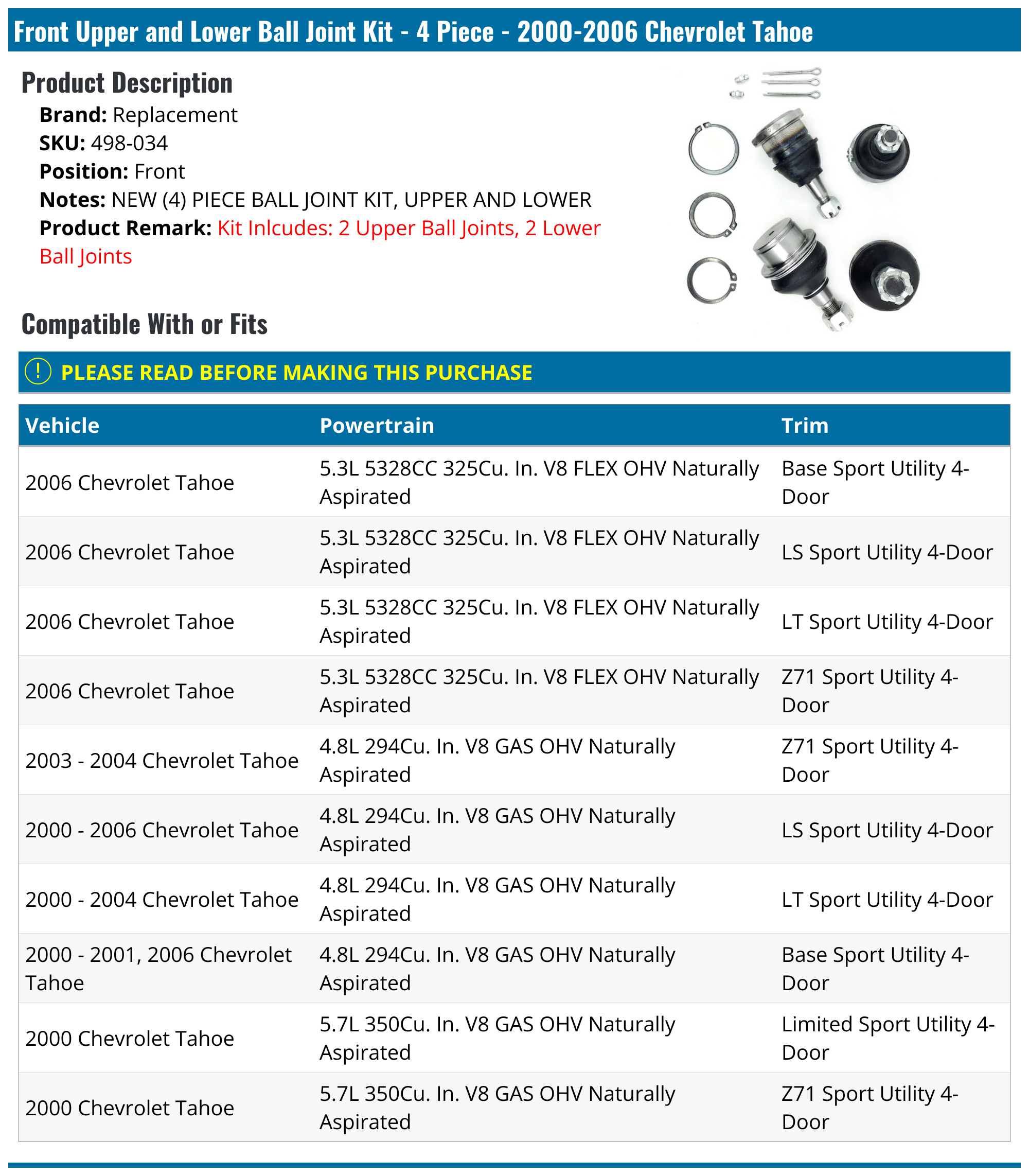 20002006 Chevrolet Tahoe Ball Joint Replacement 498034 Front