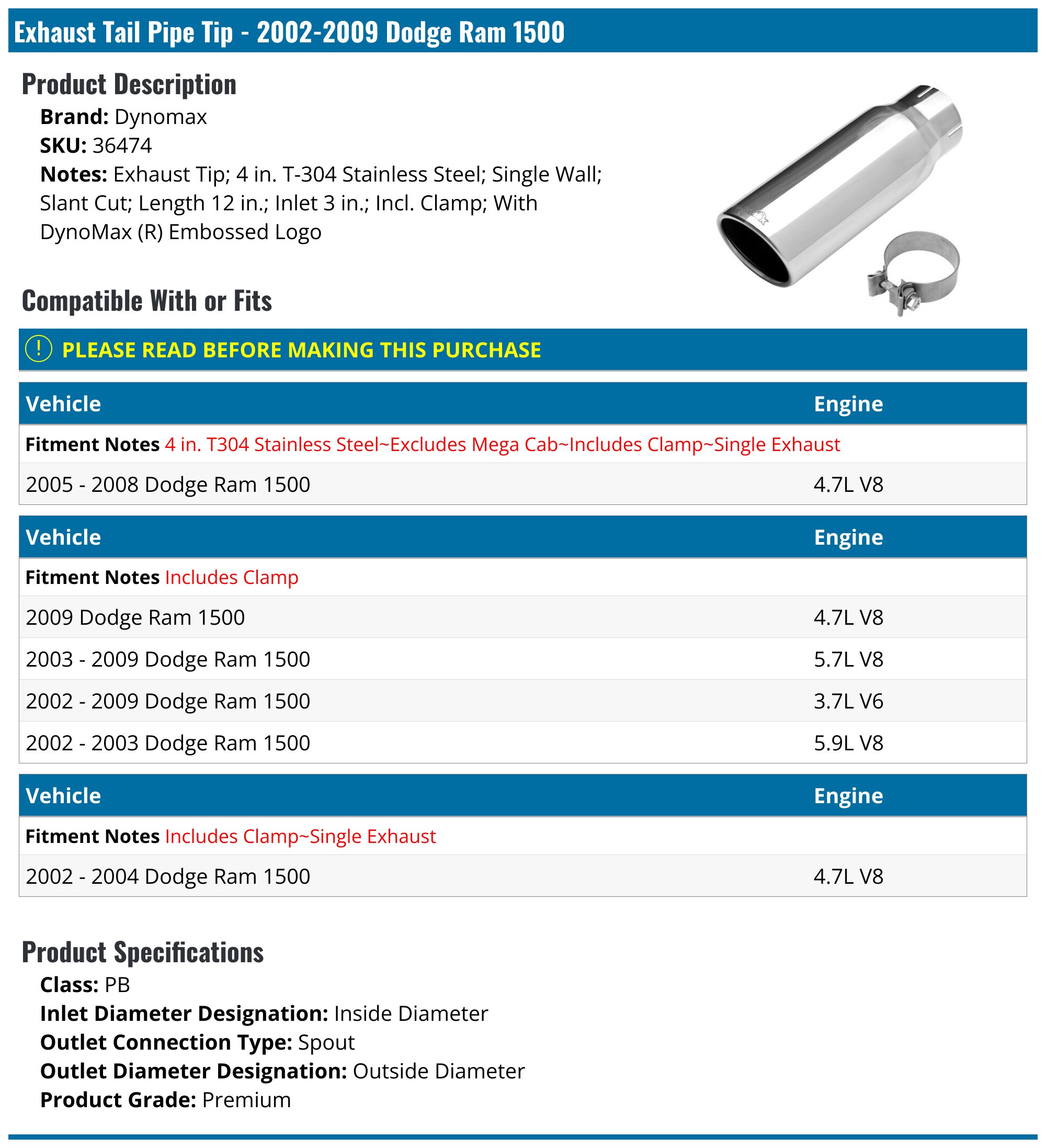 20022009 Dodge Ram 1500 Exhaust Tail Pipe Set Dynomax 36474
