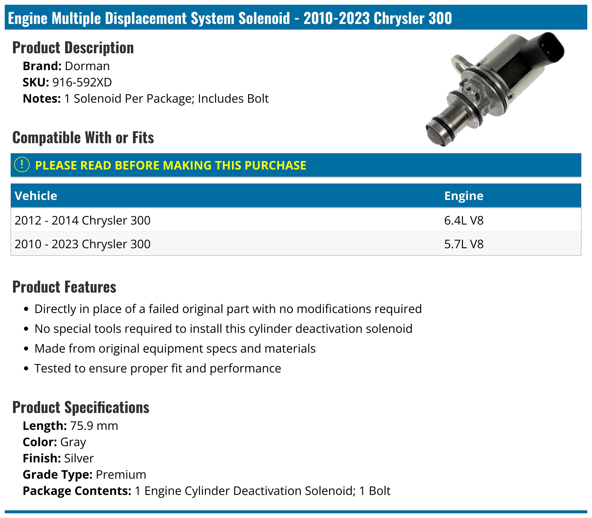 Dorman 916-592XD Multiple Displacement Solenoid – New, GM Applications