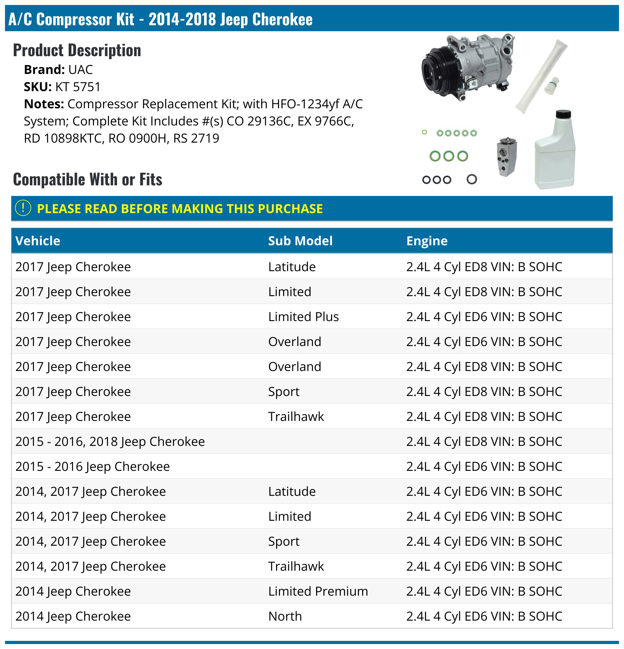Remanufactured A/C Compressor With Clutch For Jeep Cherokee 3.2L 2014-2018