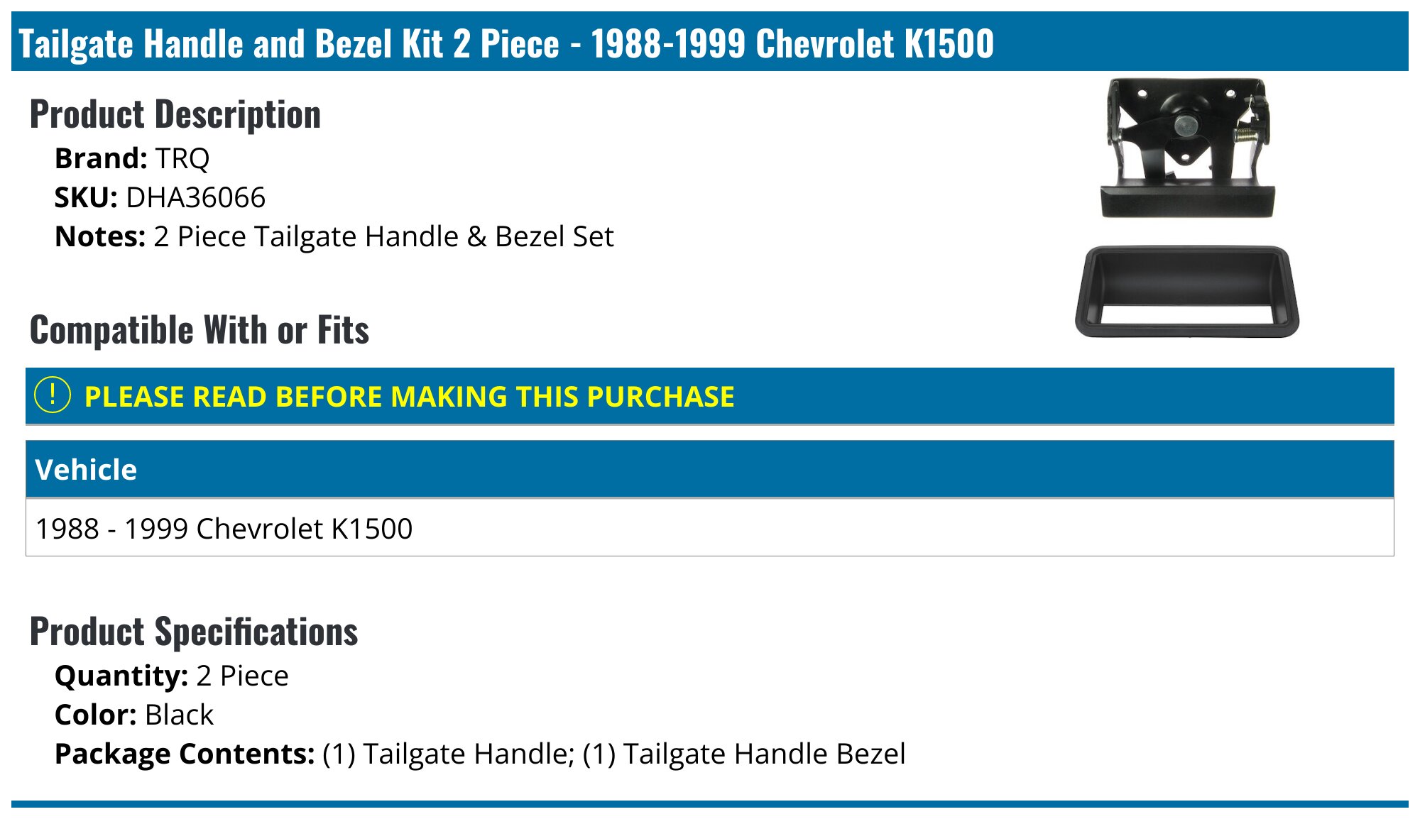 TRQ Black Tailgate Handle & Bezel Set For Chevy GMC C/K 1500 2500 3500 Pickup 1988-2002
