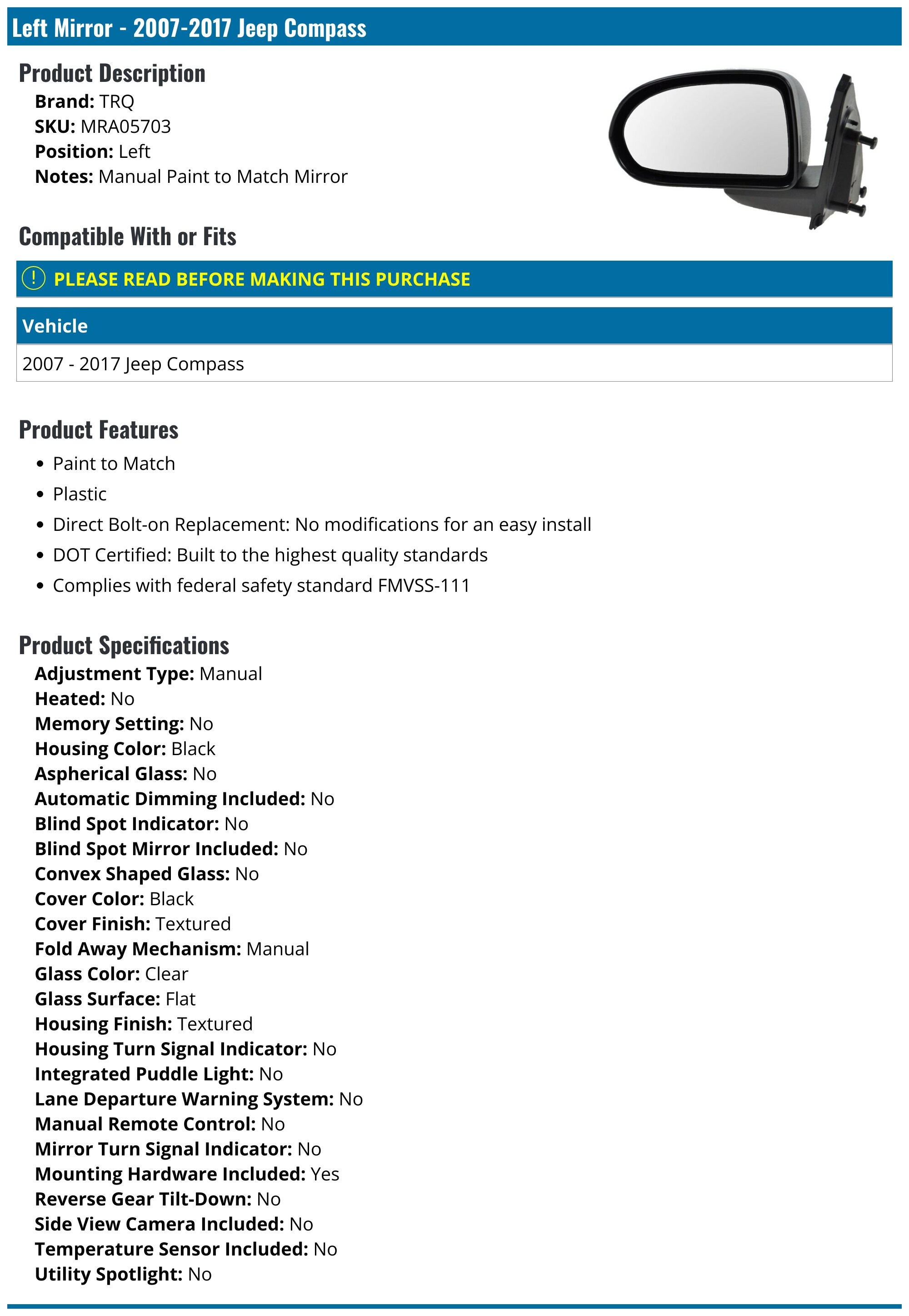 Passenger Mirror Vanity ACK For Jeep Patriot 07-17 Manual Non Heated Mirror Passenger Side Jeep Side Mirrors - Foto 13