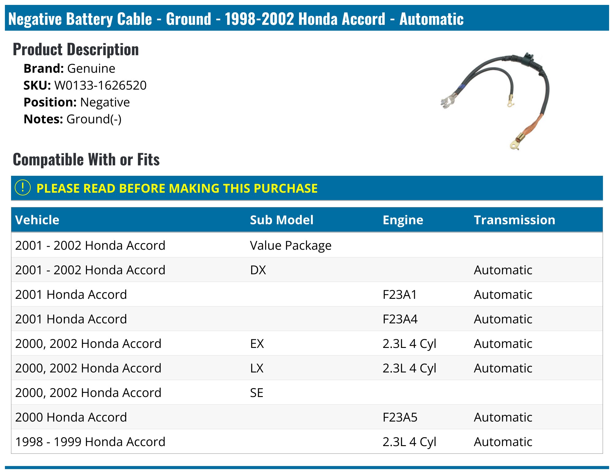 Genuine Positive Battery Cable For 1998-2002 Honda Accord