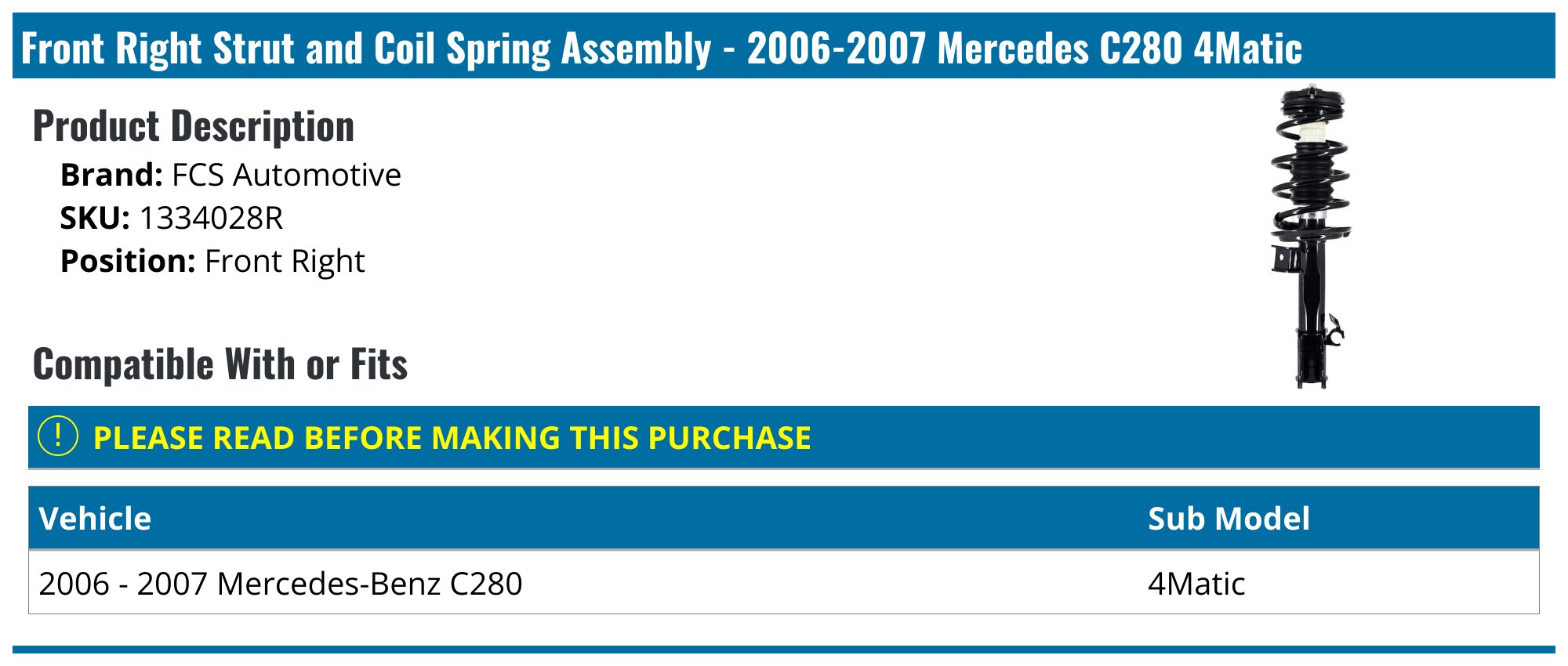Front Right Strut And Coil Spring Assembly For 2006-2007 Mercedes C280 AWD