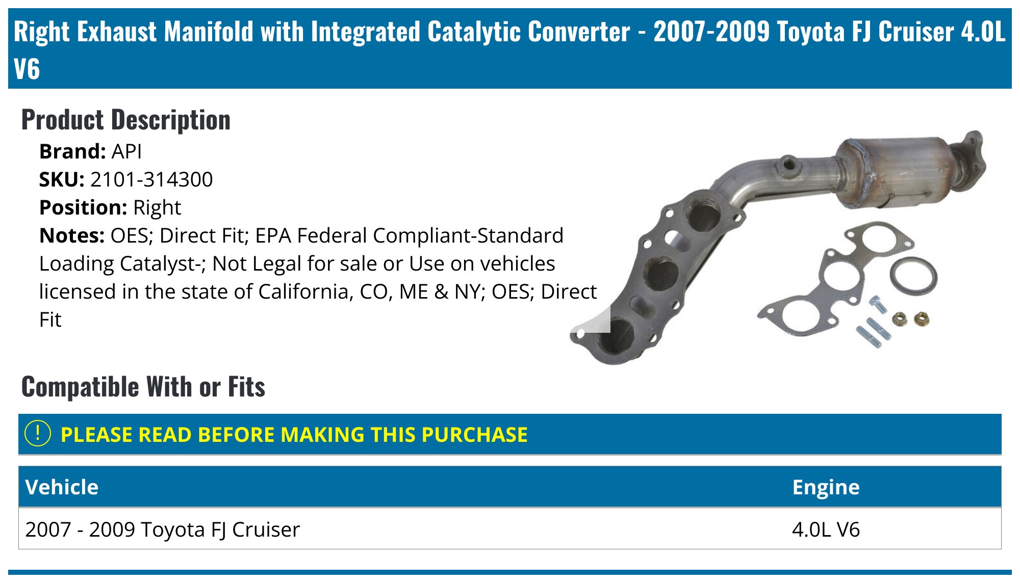 20072009 Toyota FJ Cruiser Catalytic Converter API 1895707486205